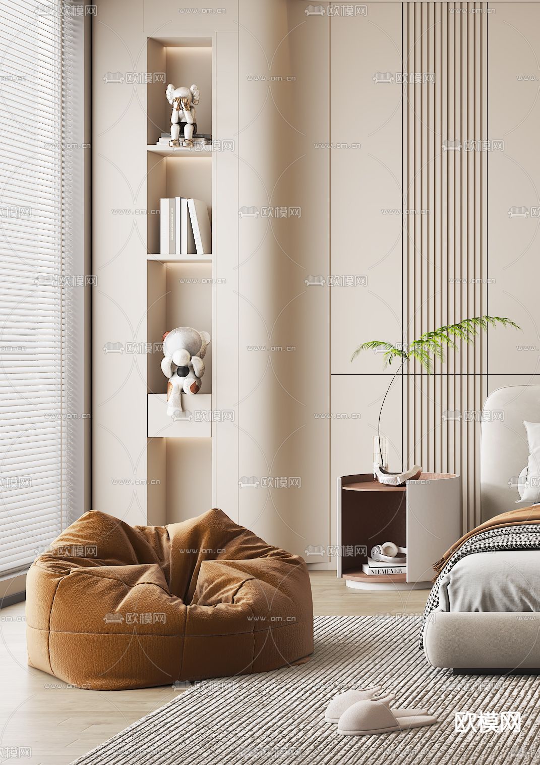 奶油风卧室su模型下载（渲染图3）