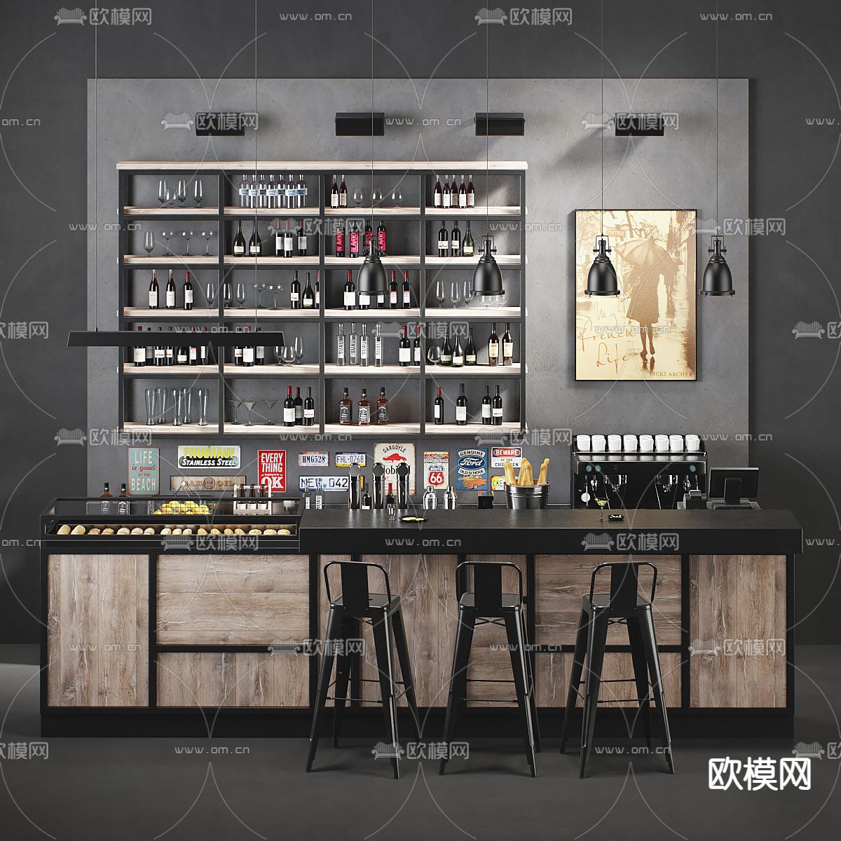 工业风吧台 吧台椅3d模型下载（渲染图1）