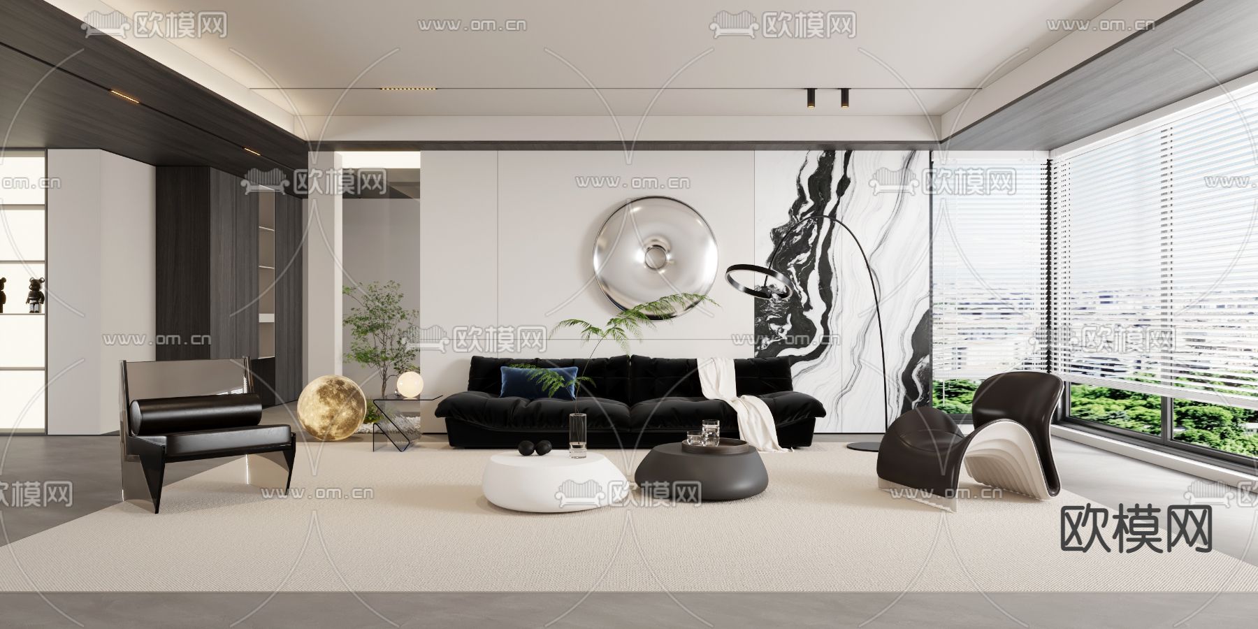 黑白风客厅3d模型下载（渲染图1）