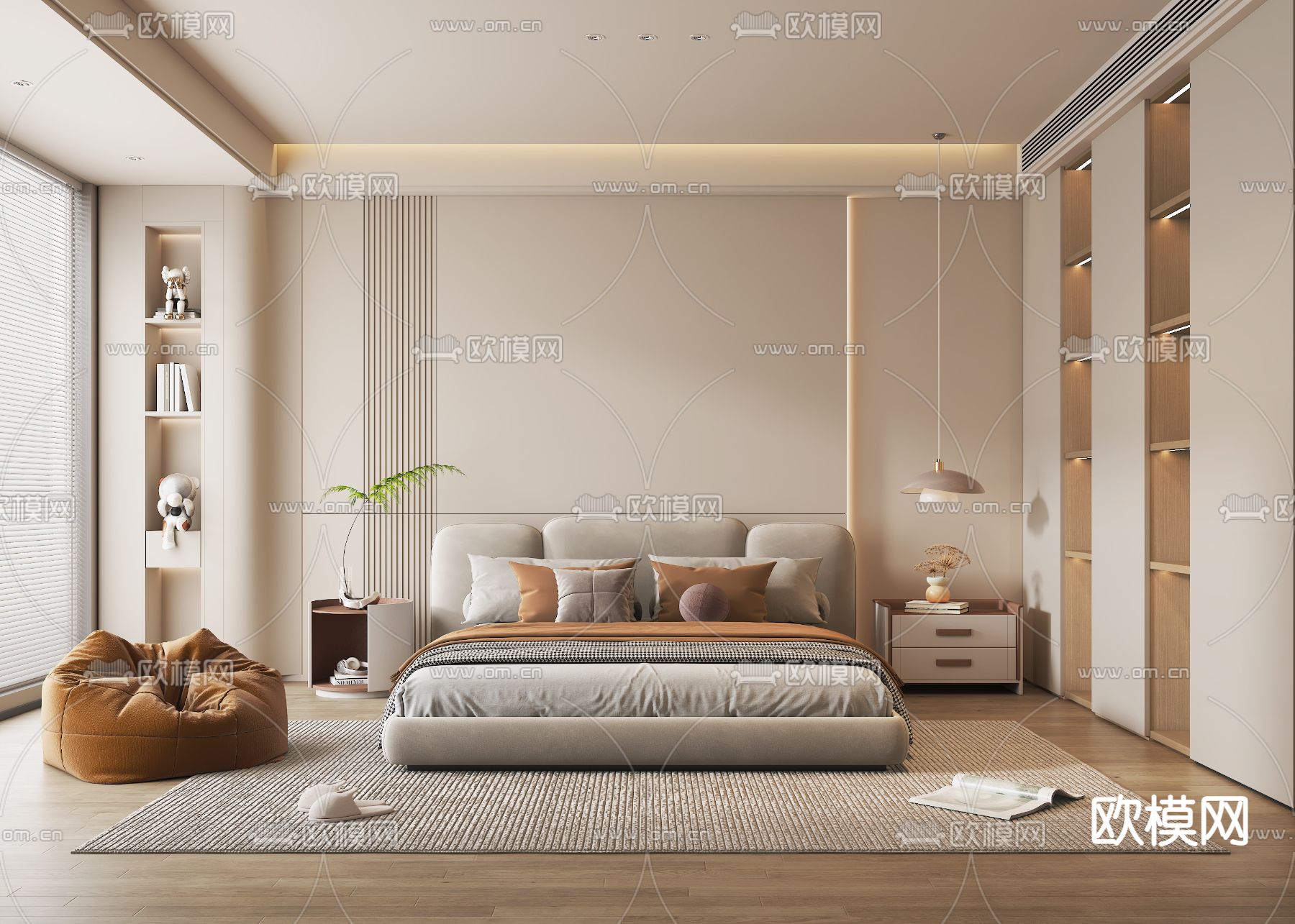 奶油风卧室su模型下载（渲染图1）