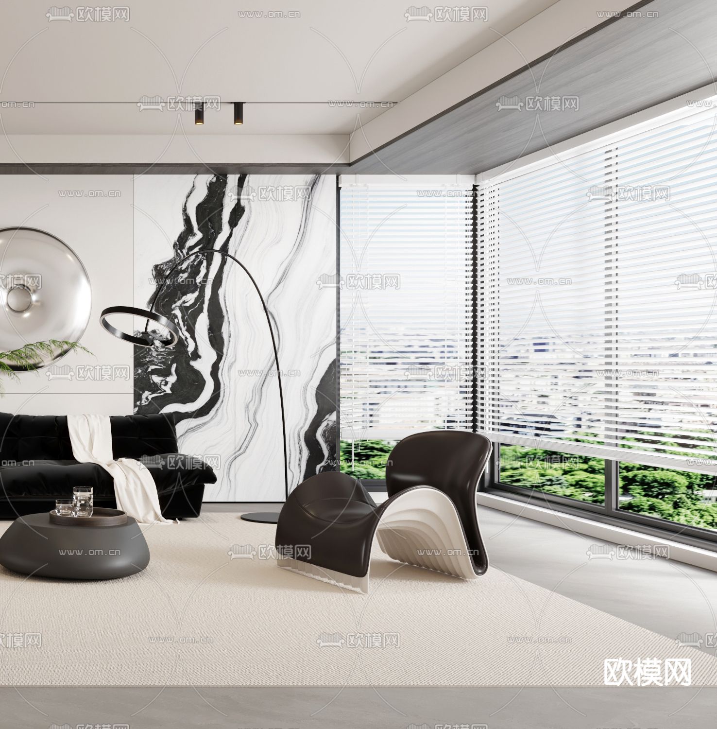 黑白风客厅3d模型下载（渲染图2）