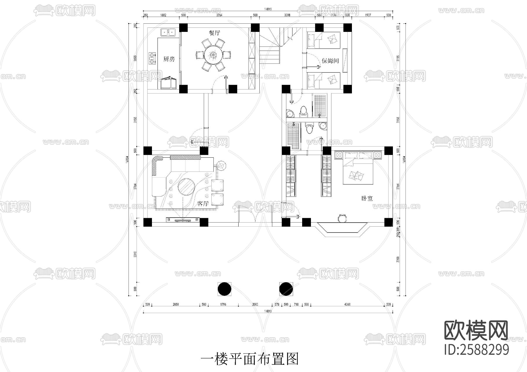 两层别墅平面图cad施工图下载（渲染图1）