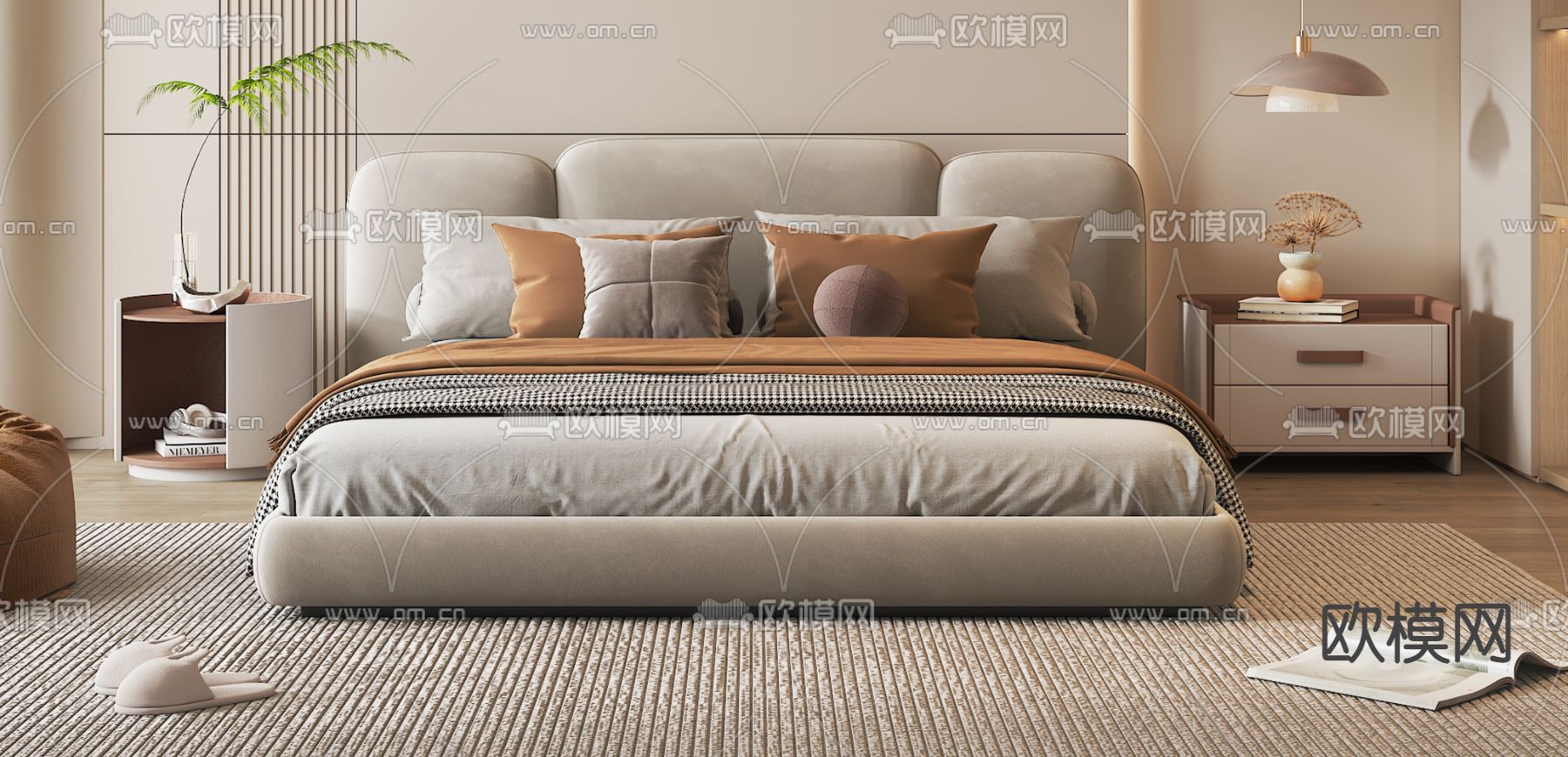 奶油风卧室su模型下载（渲染图2）