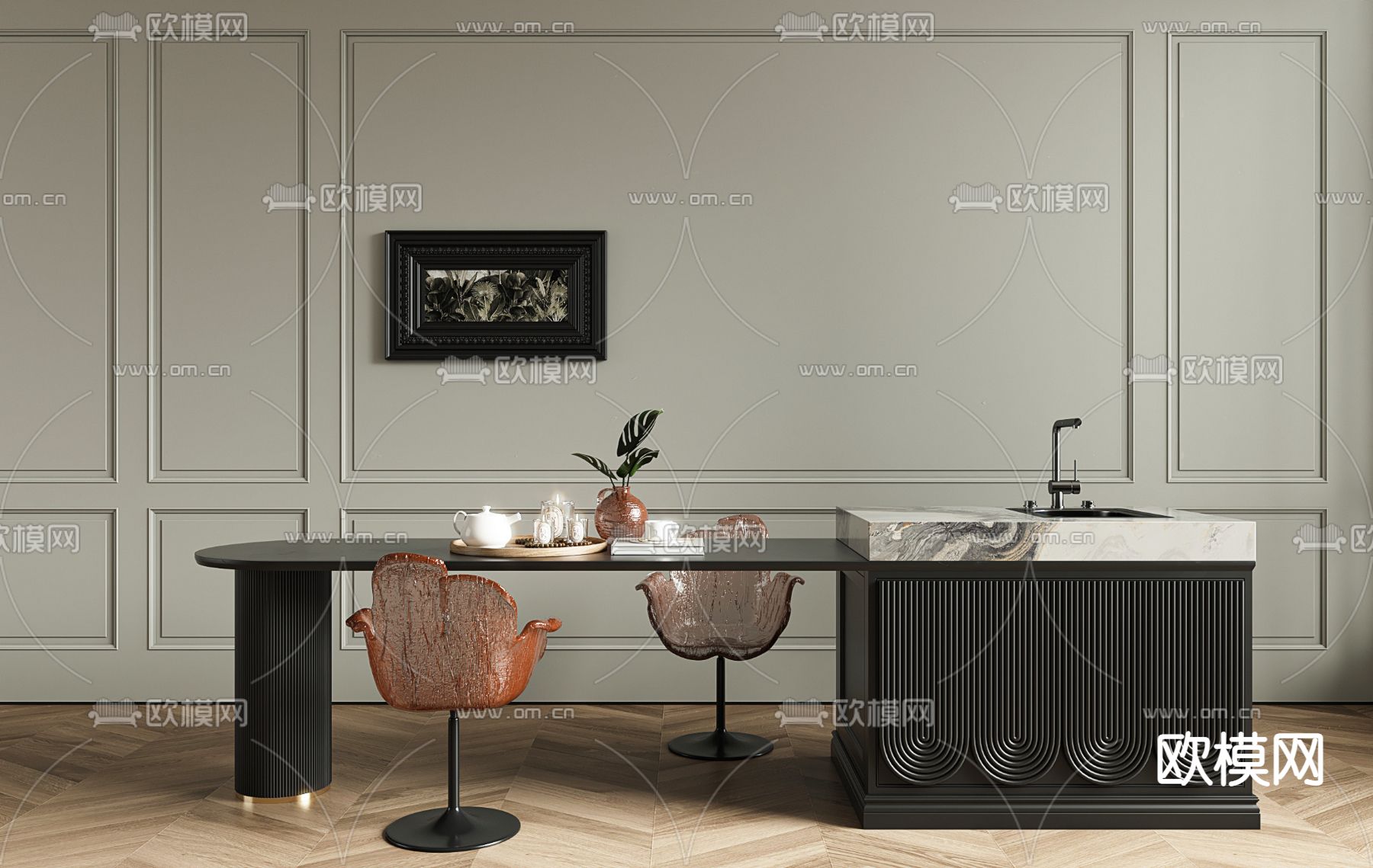 法式餐桌椅 岛台3d模型下载