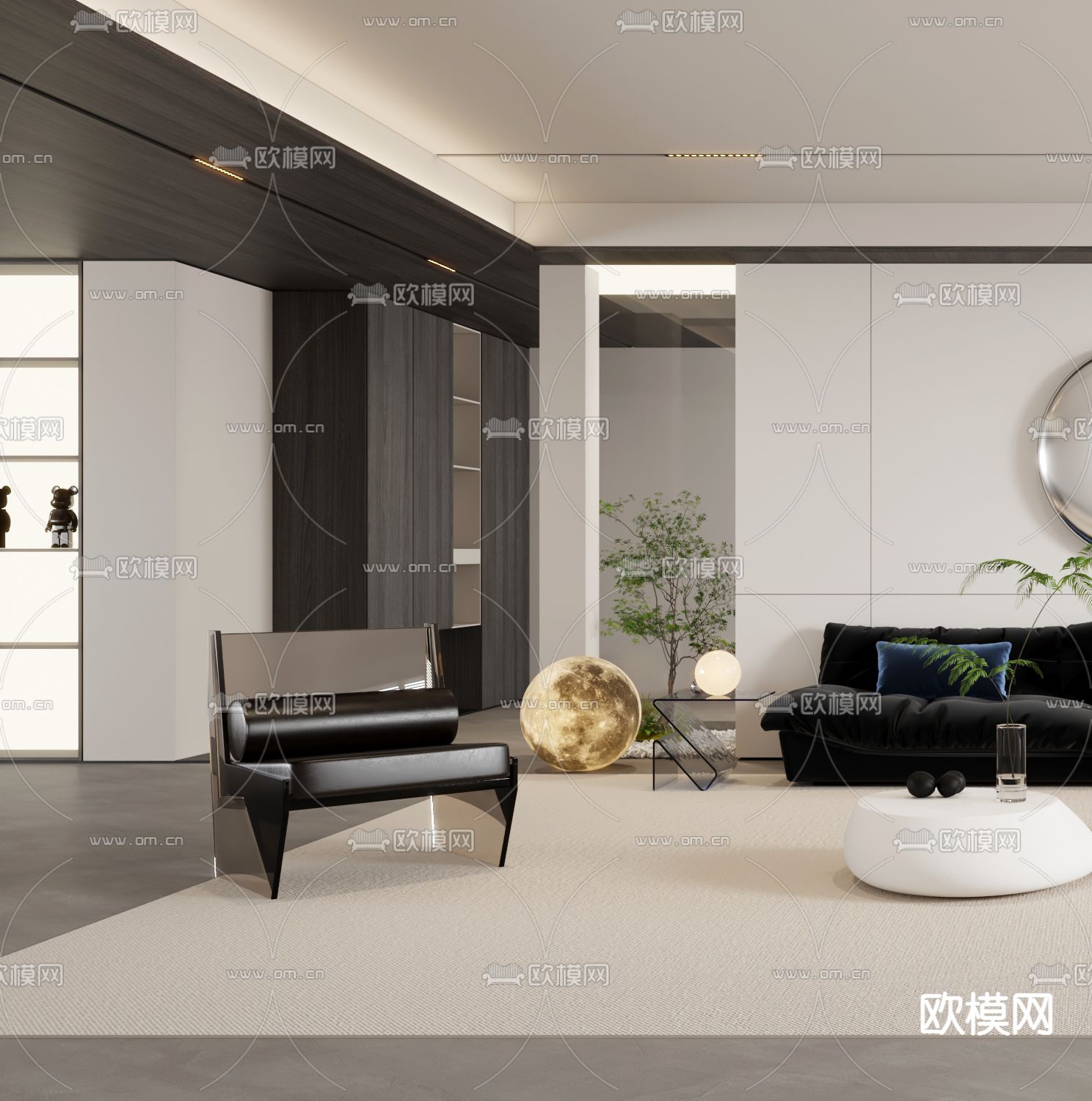 黑白风客厅3d模型下载（渲染图3）