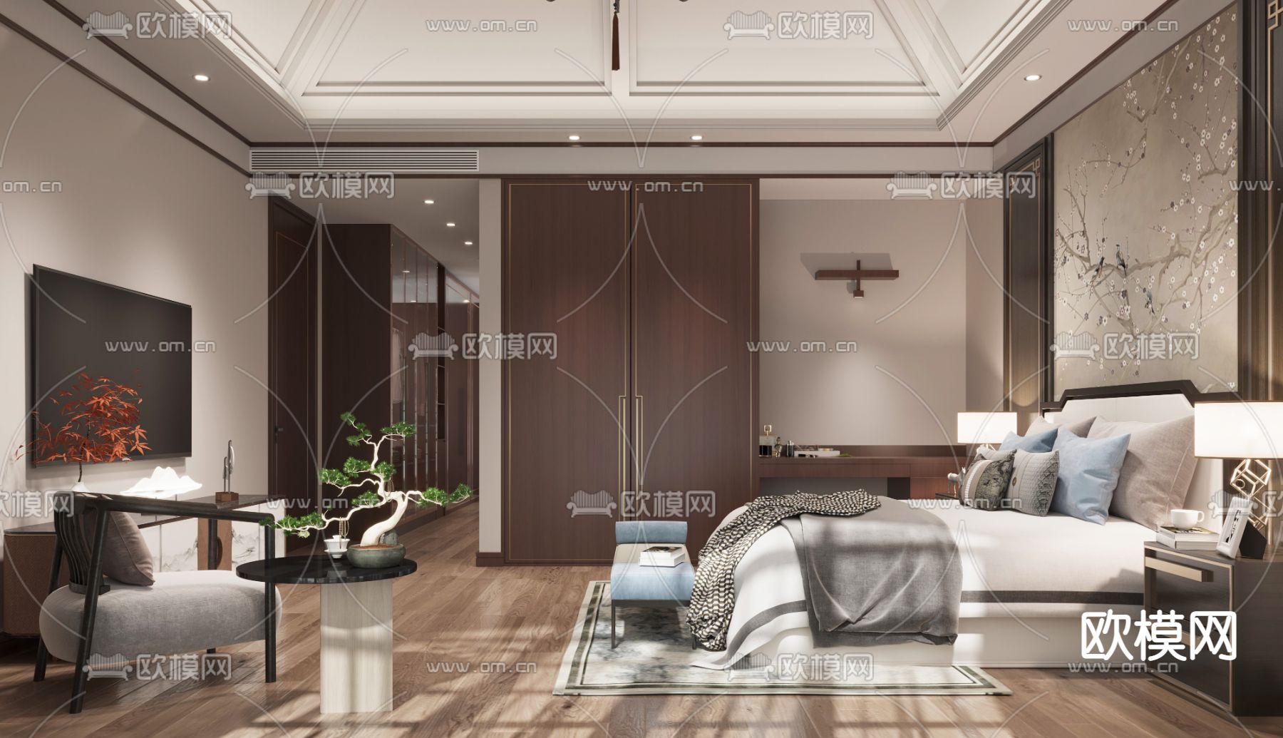 新中式卧室 主人房3d模型下载（渲染图2）