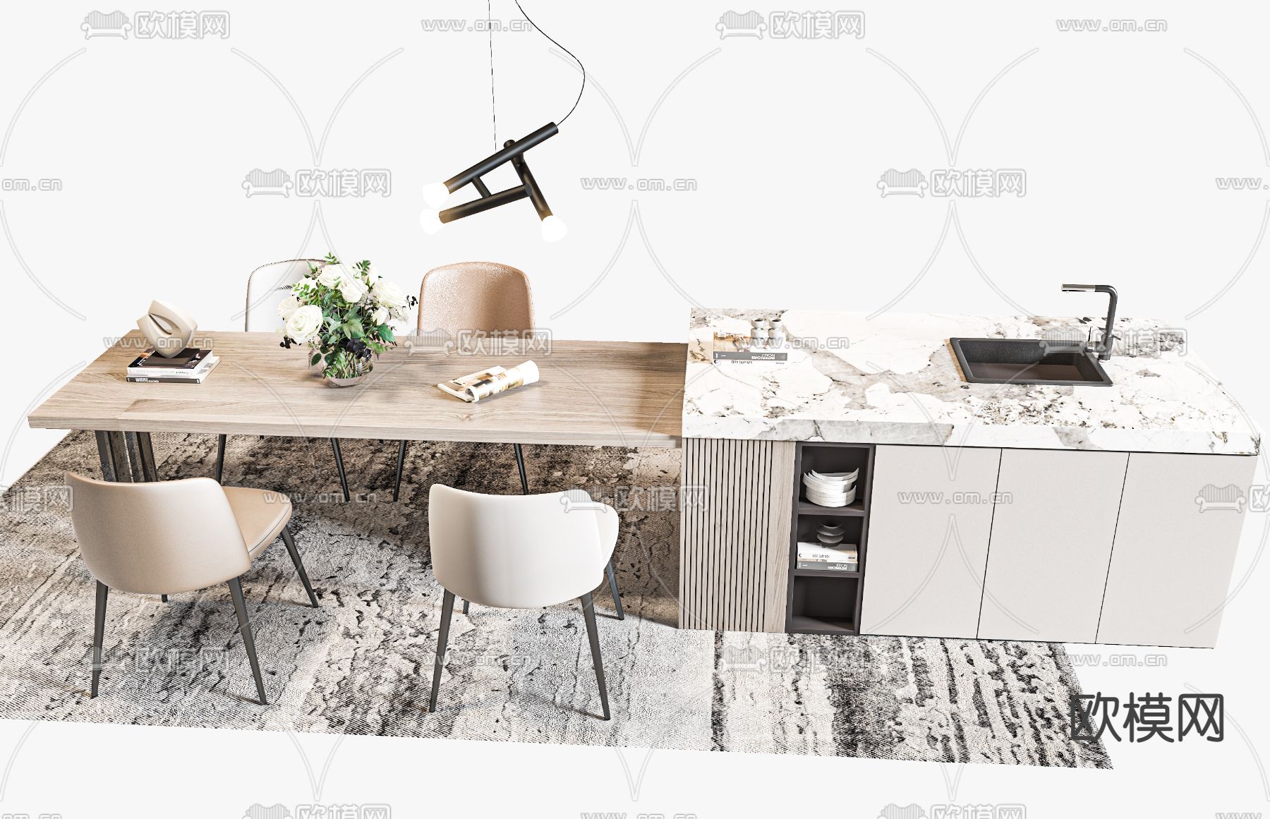 岛台餐桌椅3d模型下载