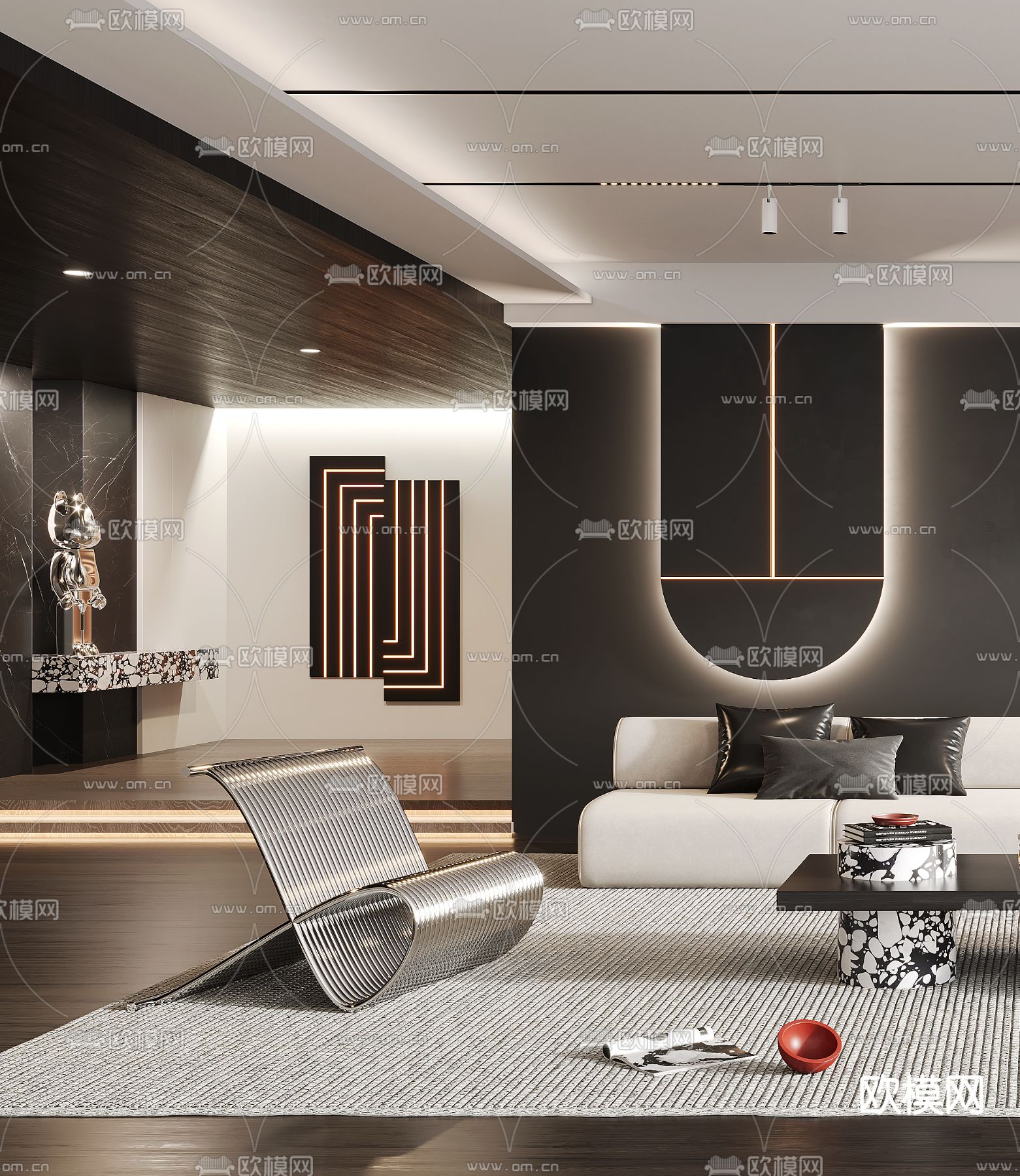 暗黑风客厅3d模型下载（渲染图3）