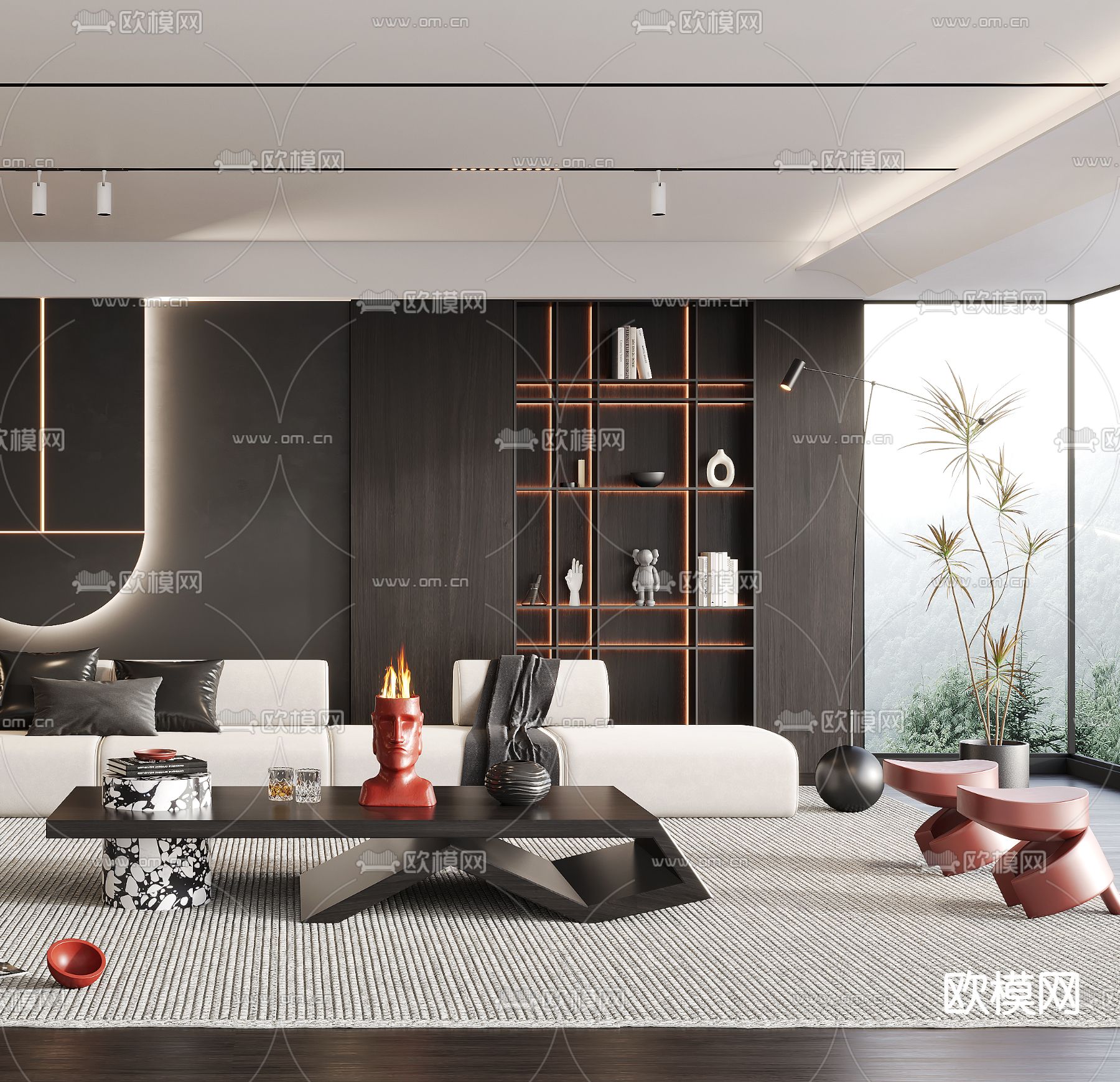 暗黑风客厅3d模型下载（渲染图4）