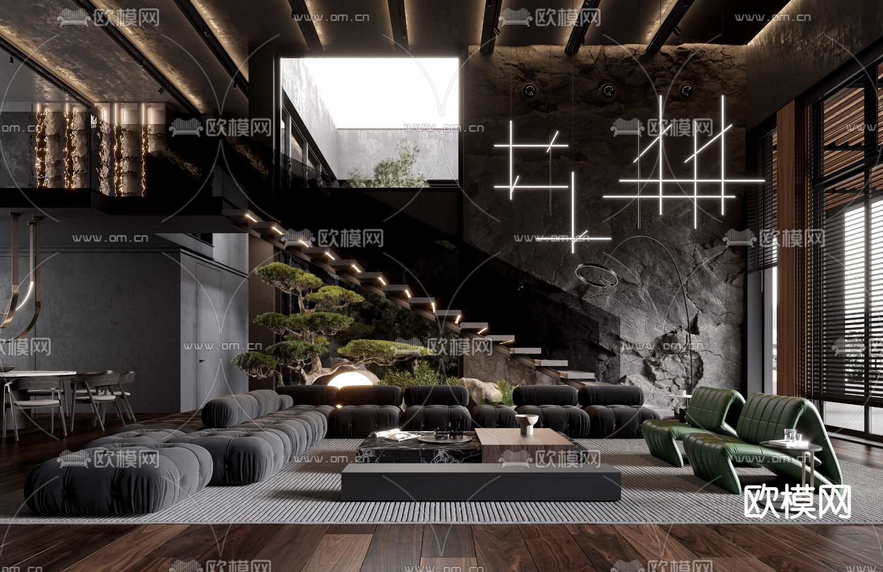暗黑风别墅客厅3d模型下载（渲染图1）