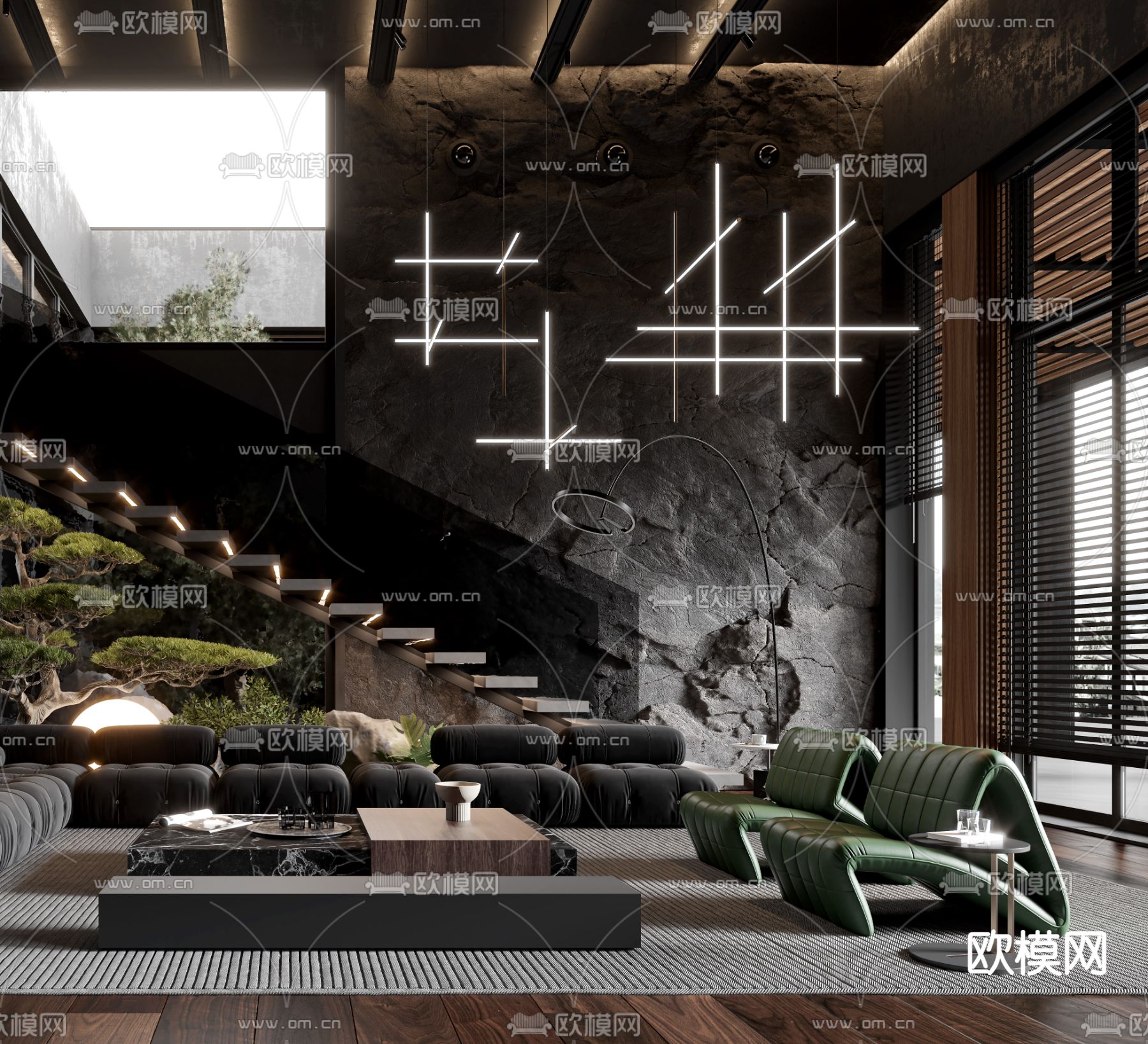 暗黑风别墅客厅3d模型下载（渲染图2）
