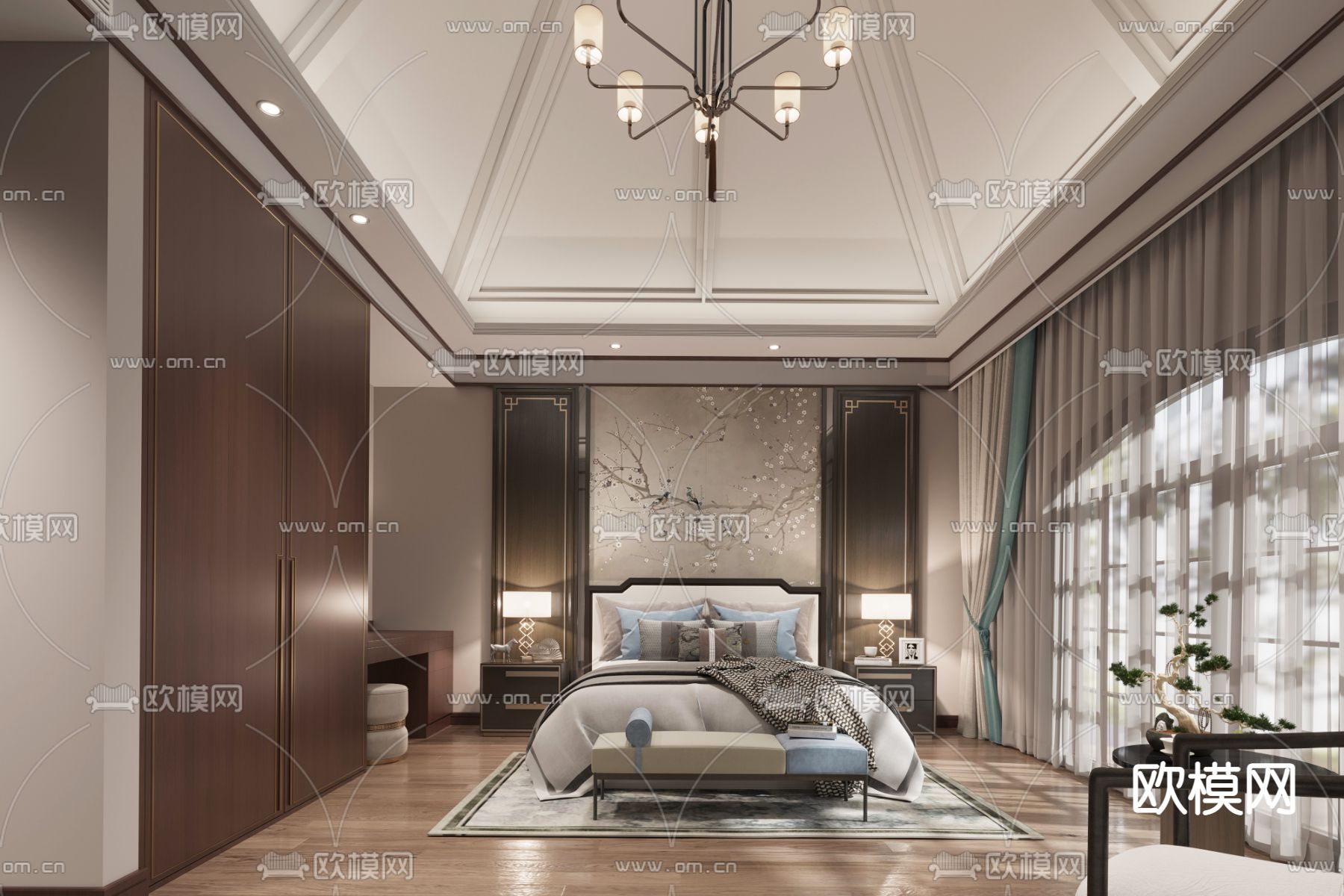 新中式卧室 主人房3d模型下载（渲染图1）