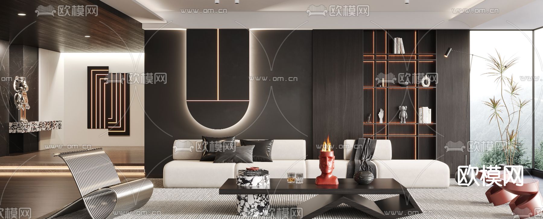 暗黑风客厅3d模型下载（渲染图2）