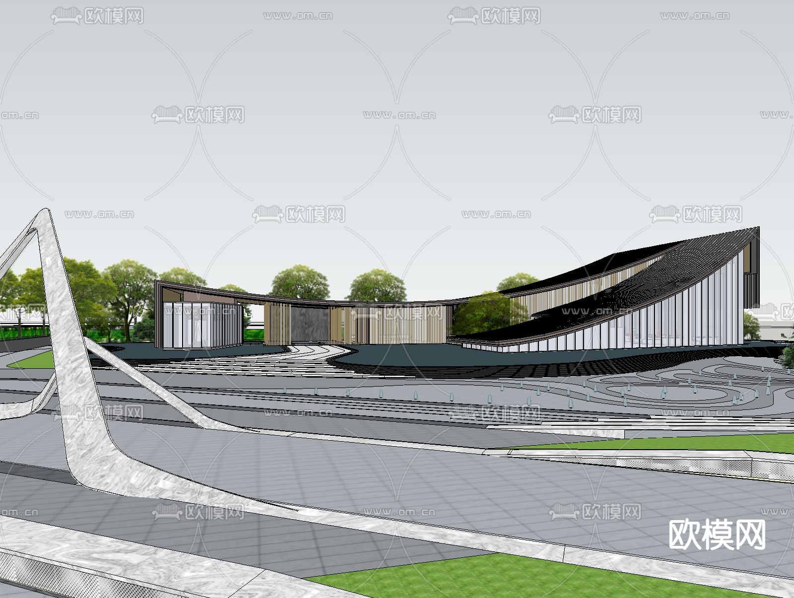 新中式售楼处外观su模型下载（渲染图1）