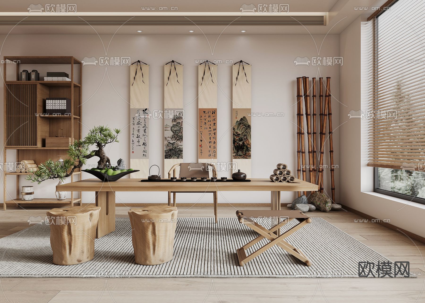 新中式茶室3d模型下载_ID14044287_3dmax免费模型-欧模网