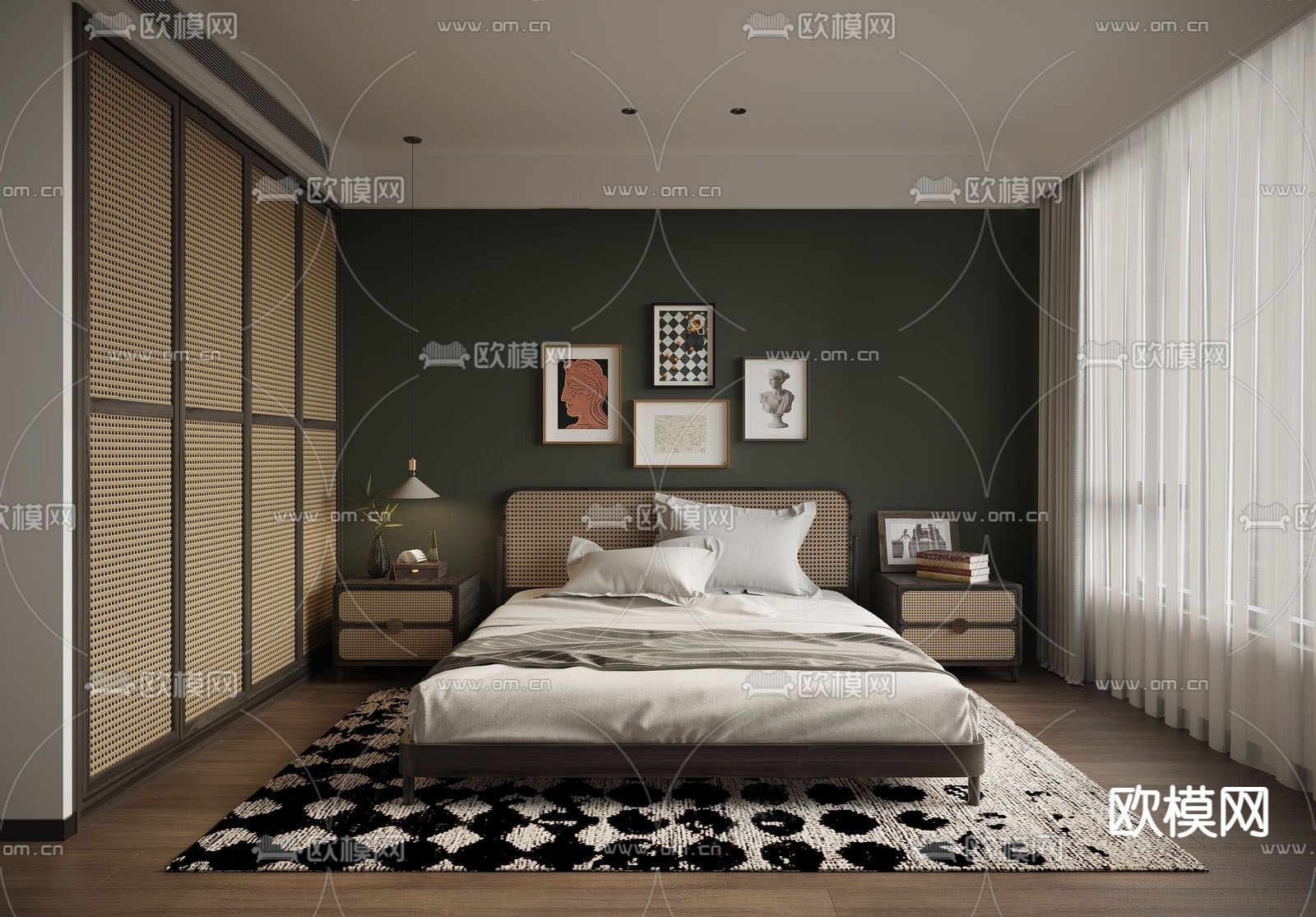 北欧复古风卧室su模型下载（渲染图1）
