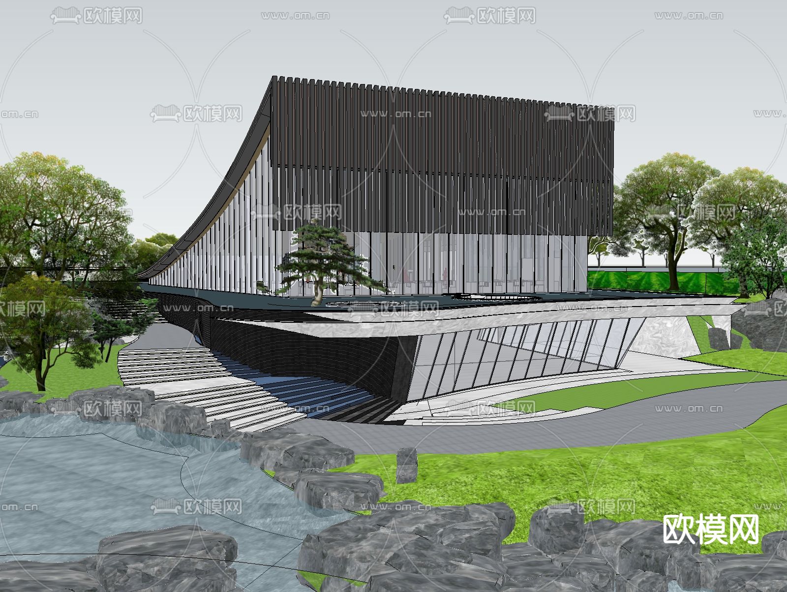 新中式售楼处外观su模型下载（渲染图3）