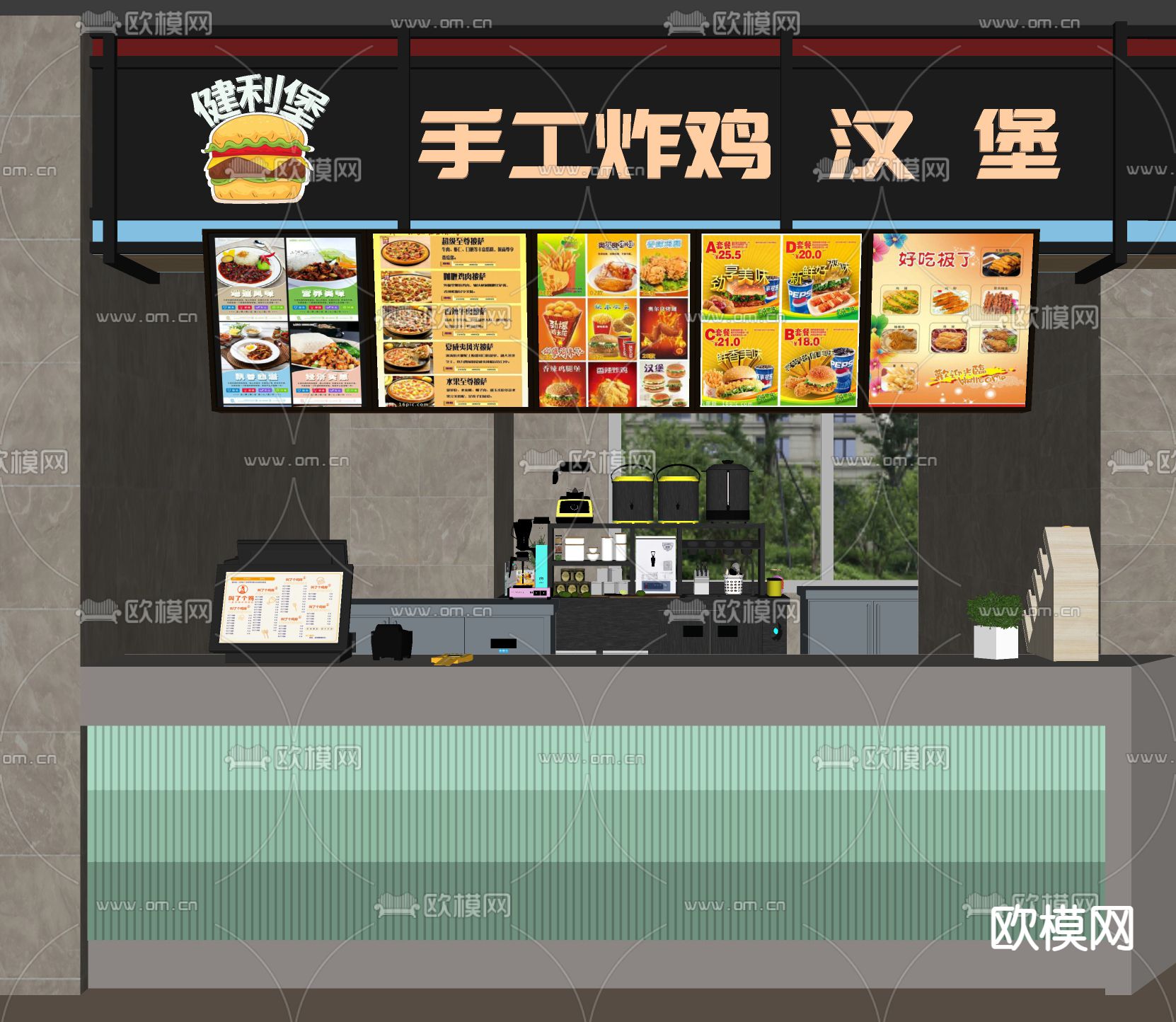 汉堡店 门头招牌su模型下载（渲染图2）