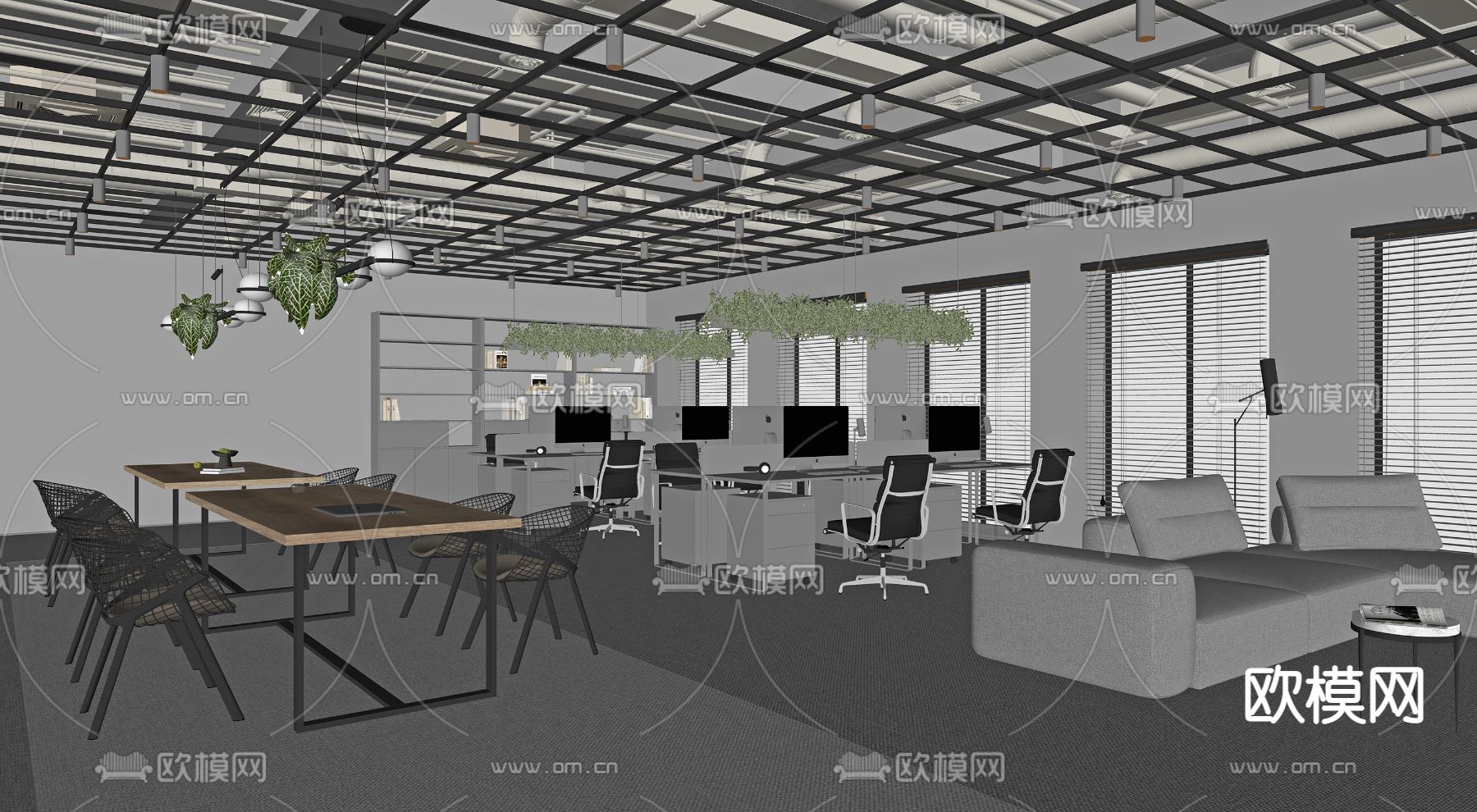 敞开式办公区 办公室su模型下载（渲染图2）