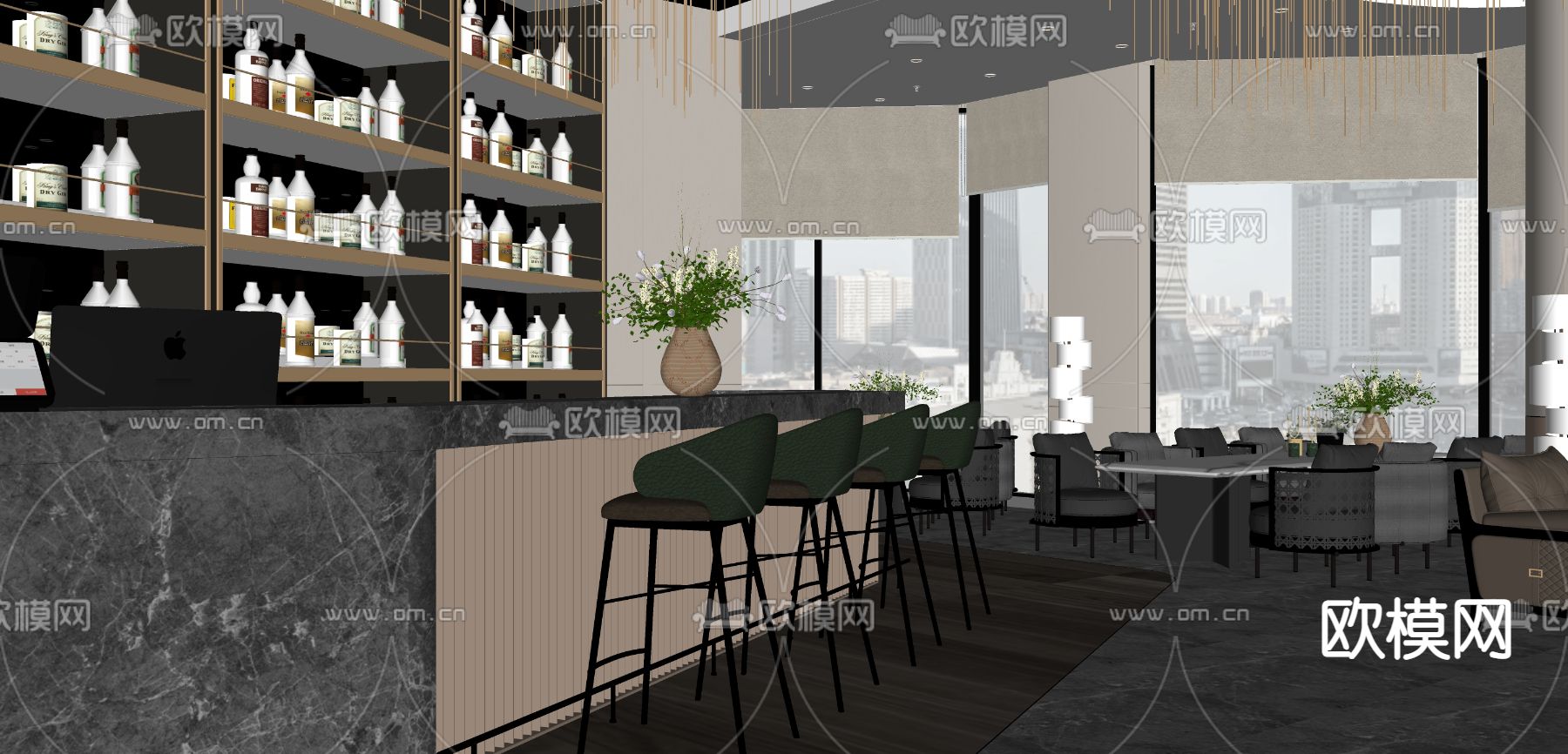 轻奢风 酒店大堂吧su模型下载（渲染图2）