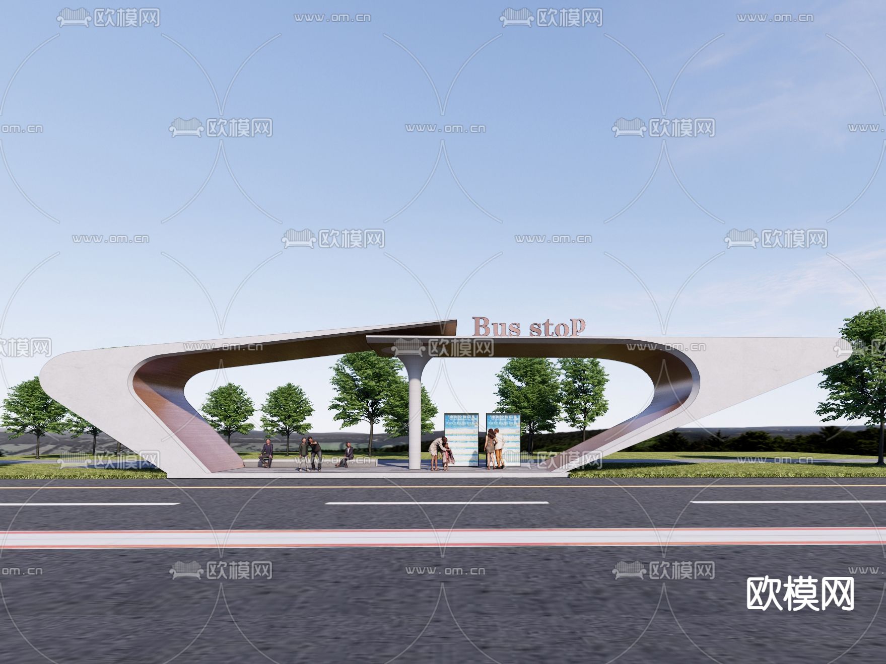 公交站 站台 候车亭su模型下载（渲染图3）