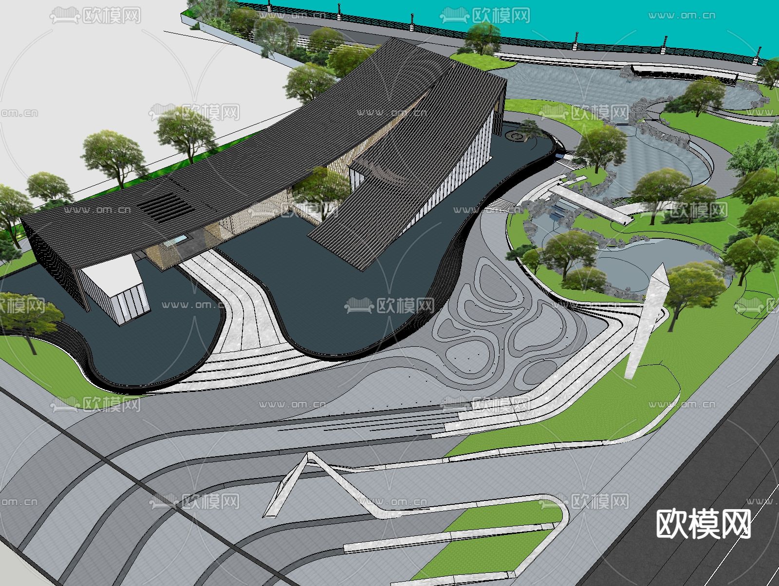 新中式售楼处外观su模型下载（渲染图4）