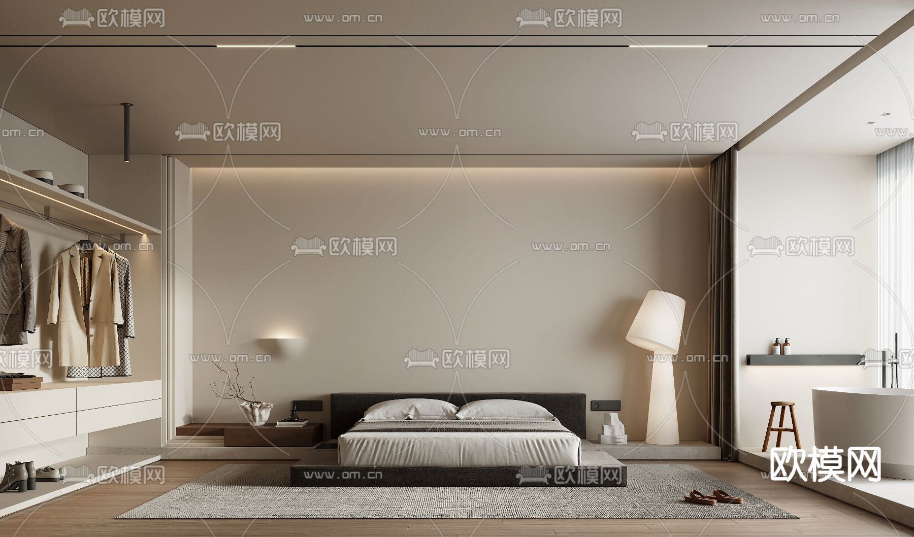 奶油风卧室 主人房su模型下载（渲染图1）