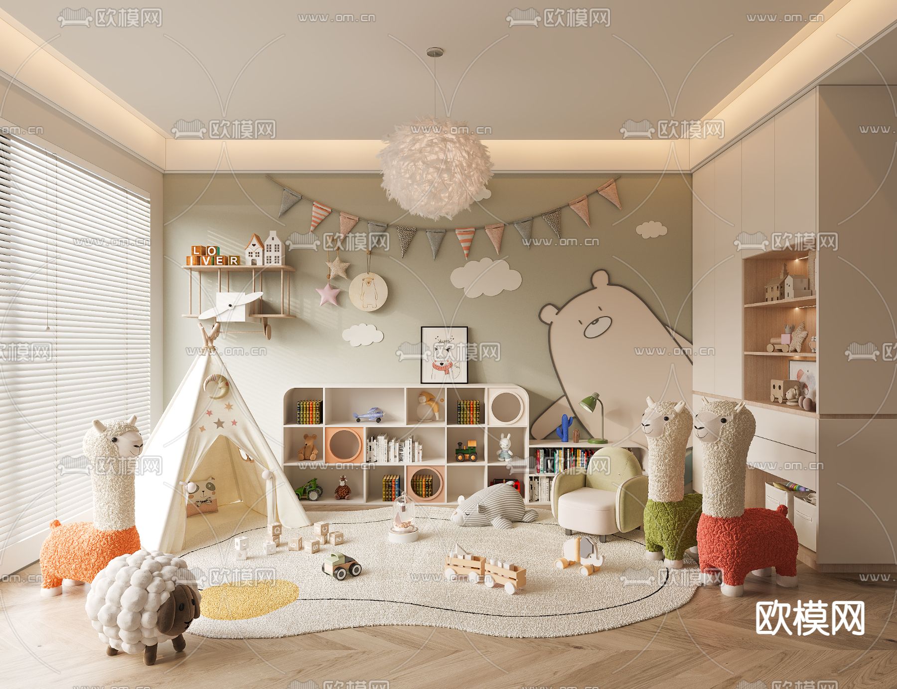 奶油风儿童房 游戏房su模型下载（渲染图1）