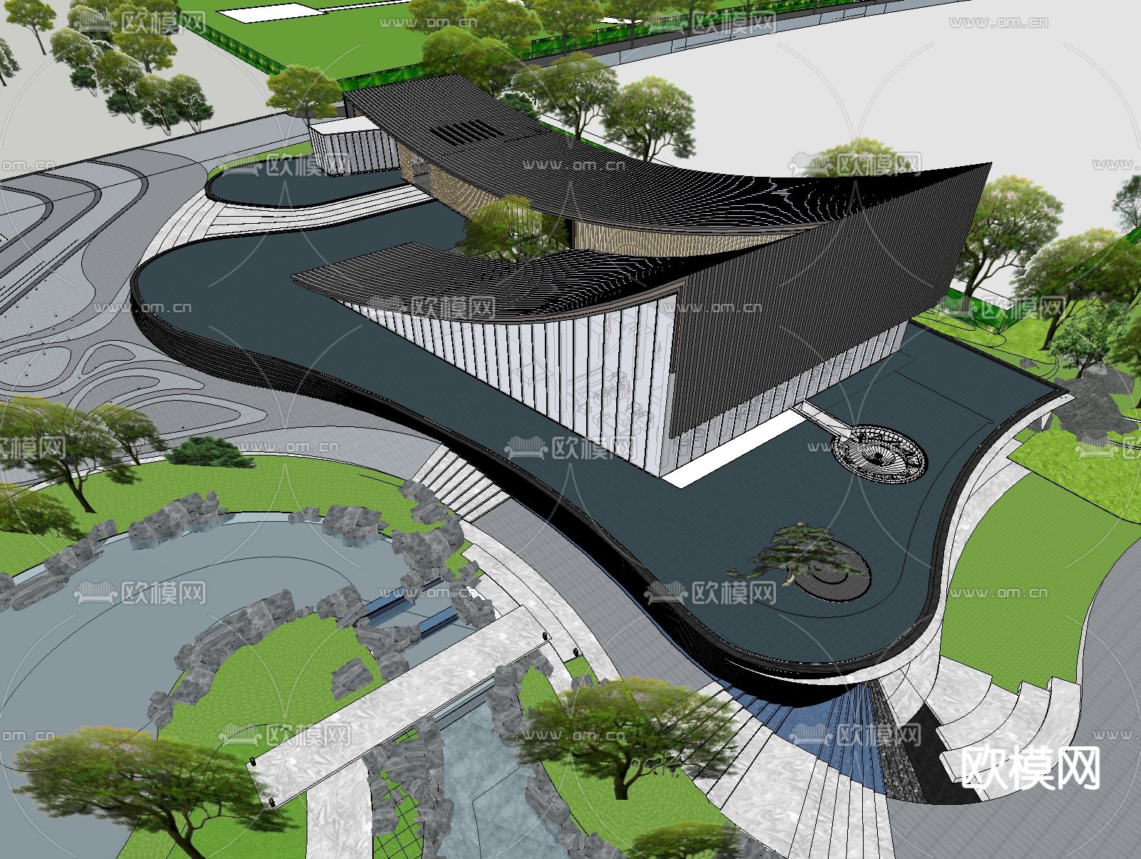 新中式售楼处外观su模型下载（渲染图2）