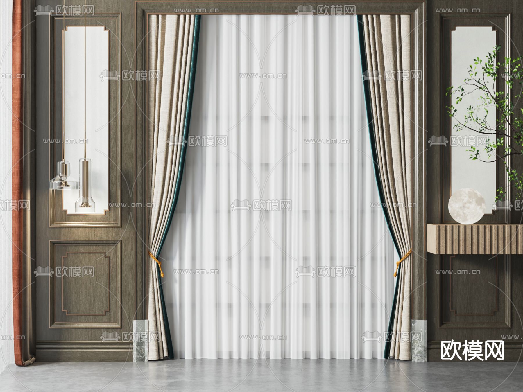 新中式窗帘 窗纱 拉帘3d模型下载