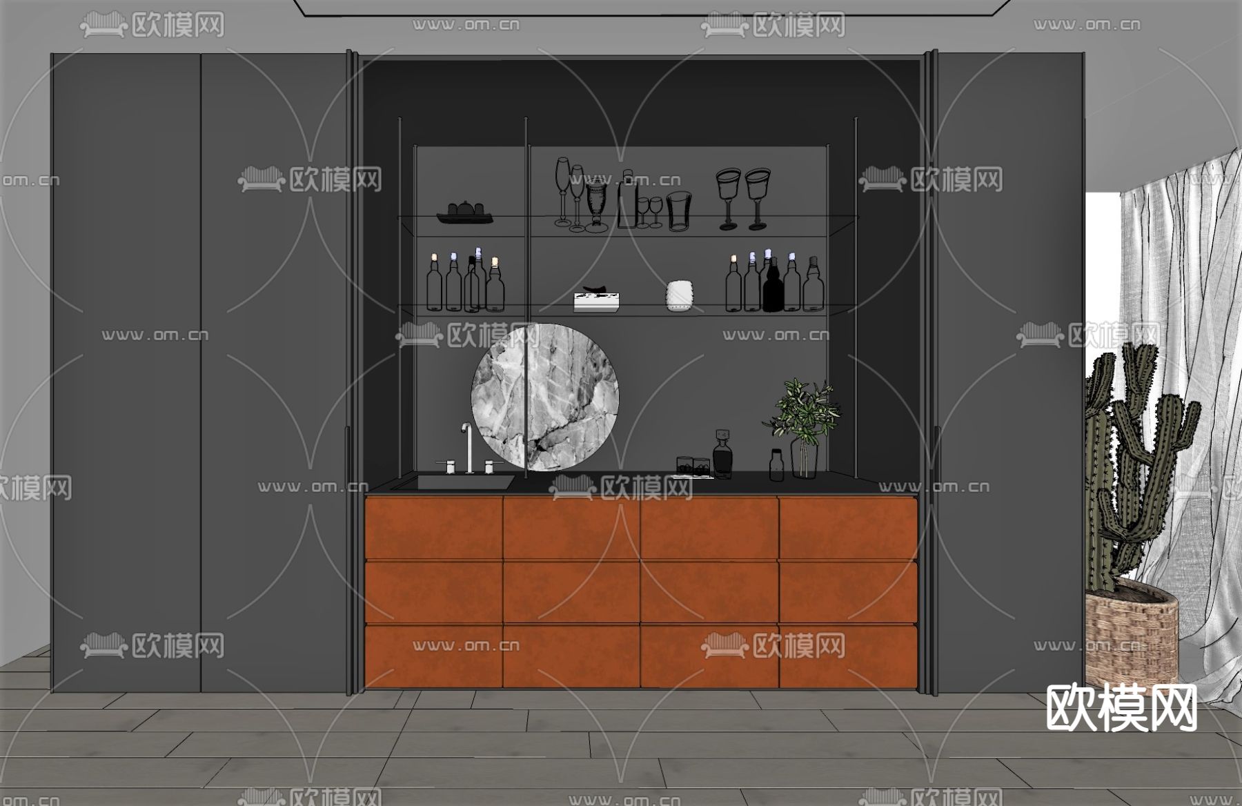 暗黑风酒柜su模型下载（渲染图2）