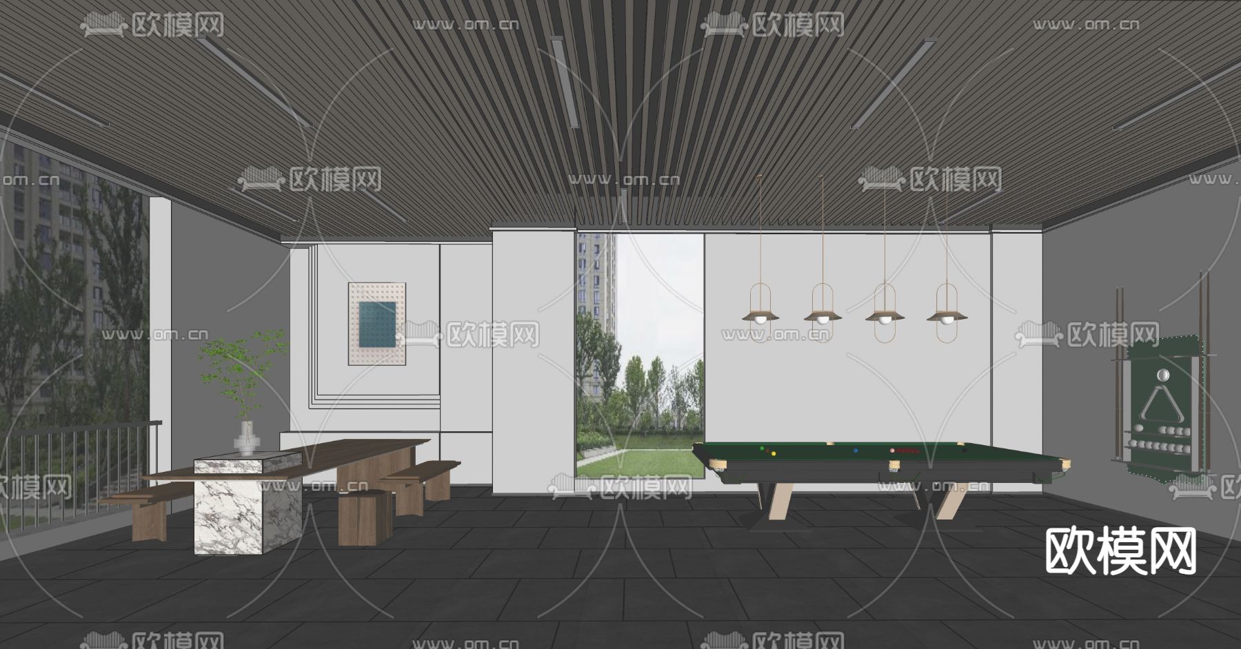 现代台球室 桌球室su模型下载（渲染图2）