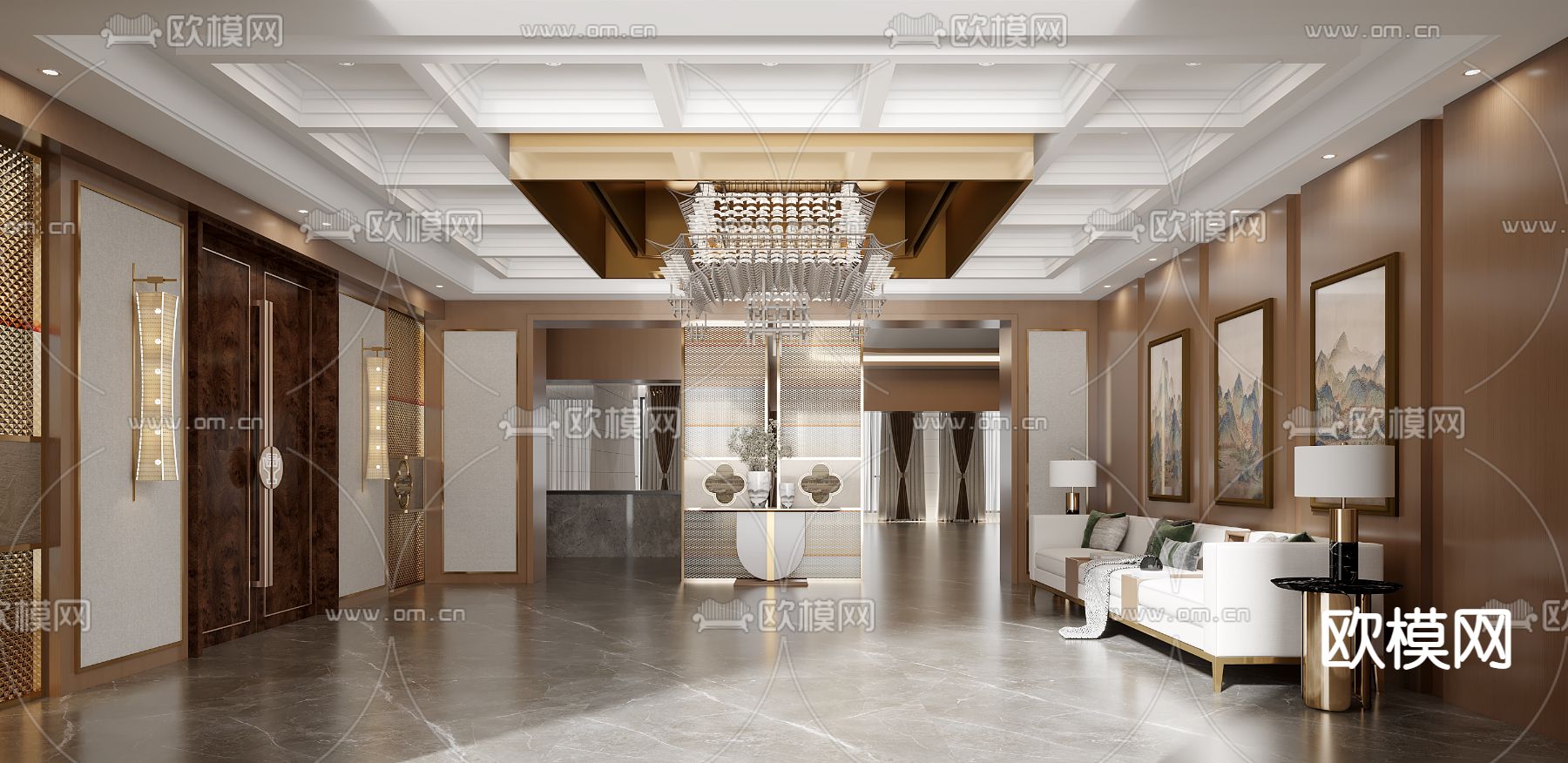 新中式接待室su模型下载