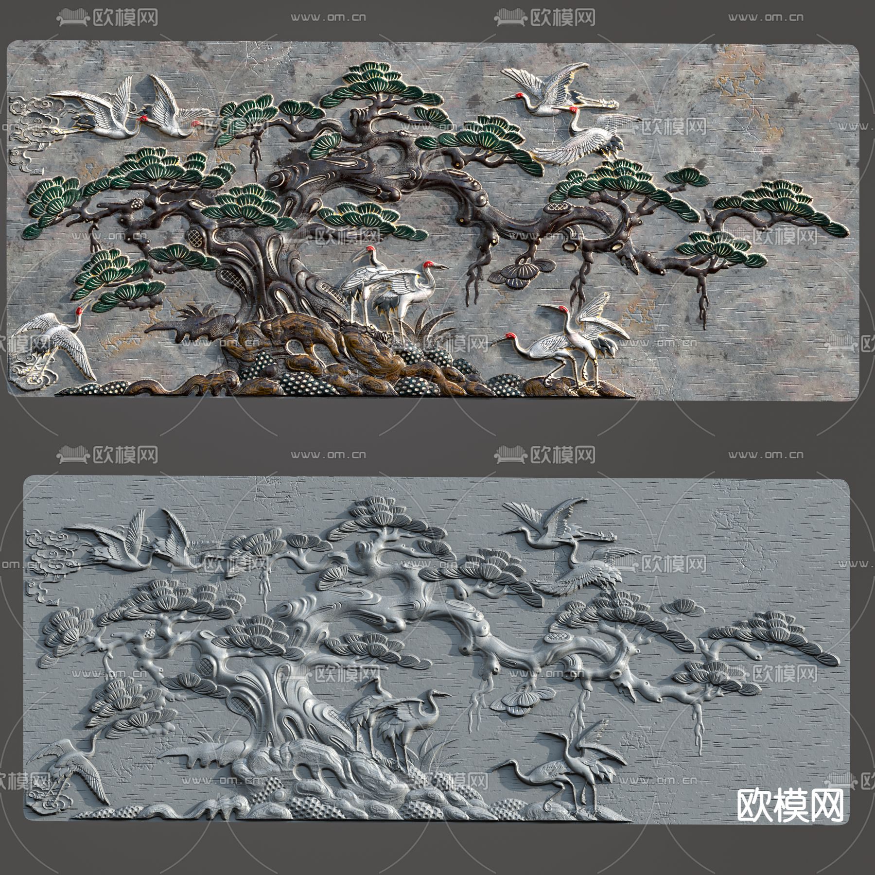 迎客松浮雕 彩色石雕3d模型下载_ID14043956_3dmax免费模型-欧模网