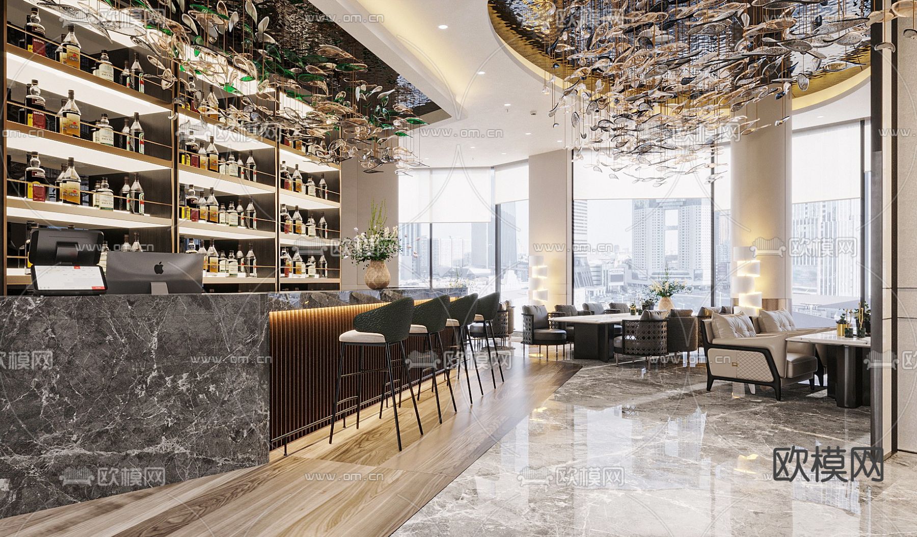 轻奢风 酒店大堂吧su模型下载（渲染图1）