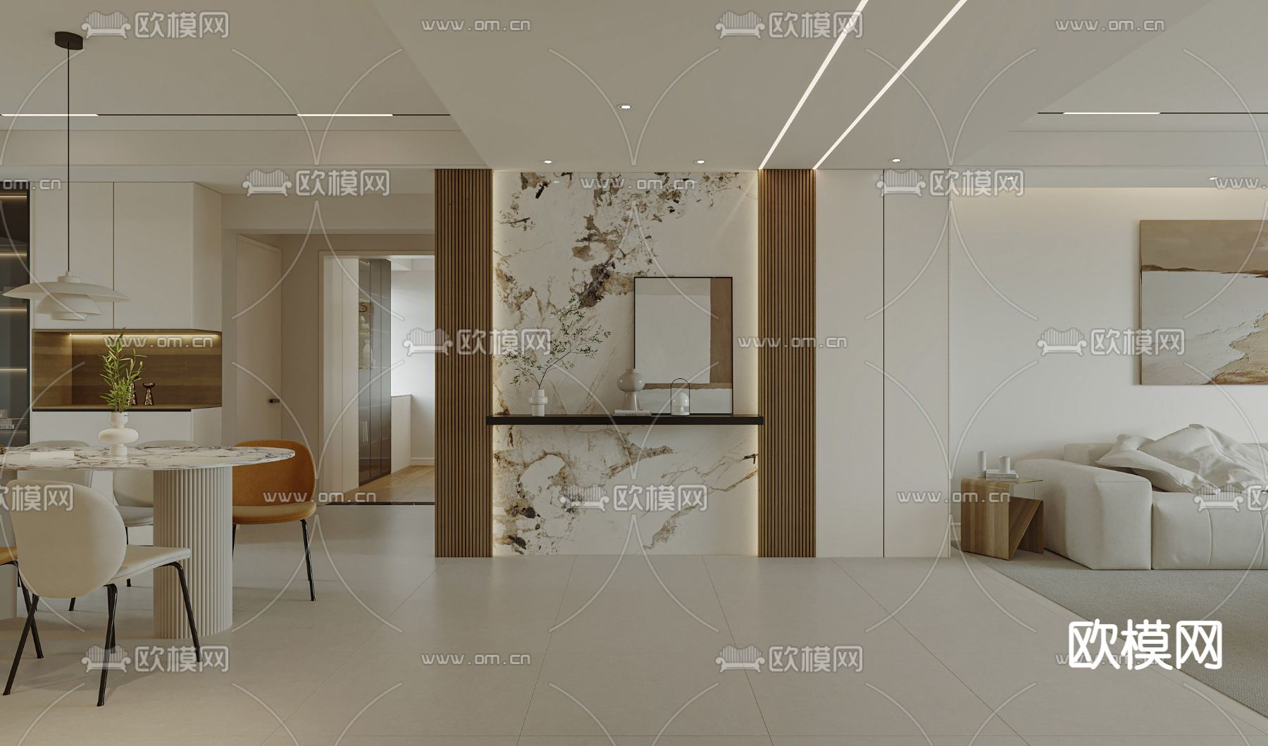 奶油风客厅 餐厅3d模型下载（渲染图2）