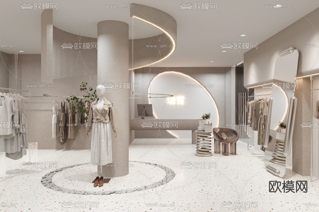 侘寂风女装服装店su模型下载_ID14040783_sketchup模型下载-欧模网