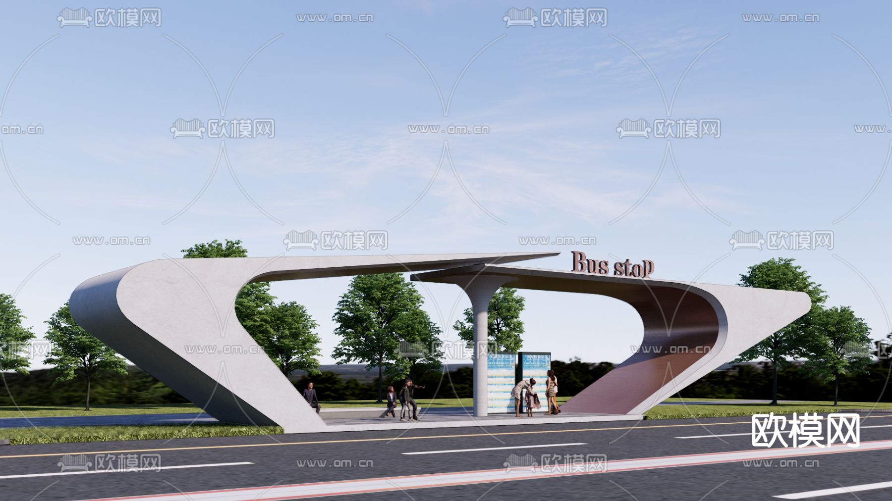 公交站 站台 候车亭su模型下载（渲染图2）