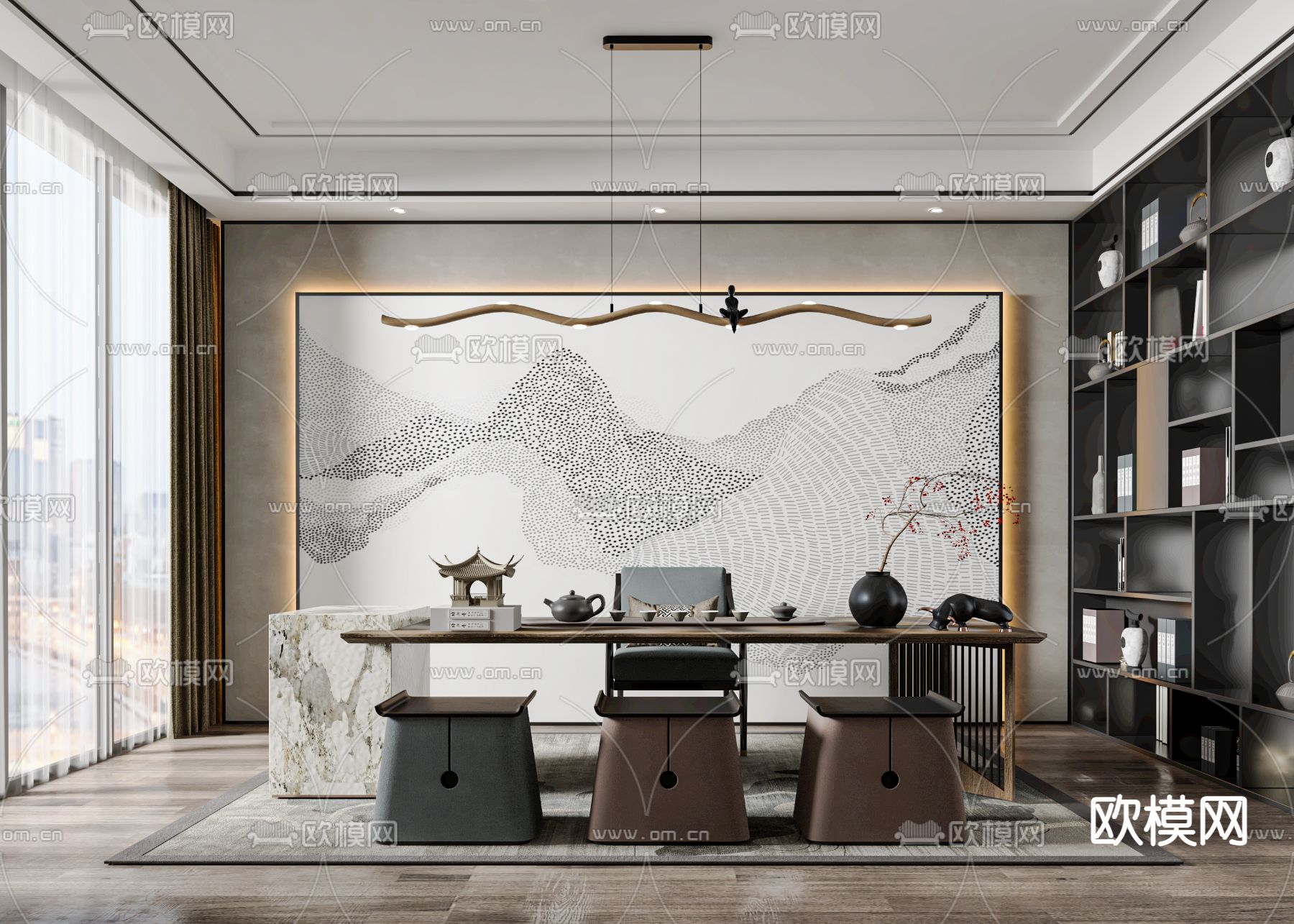 新中式茶室su模型下载