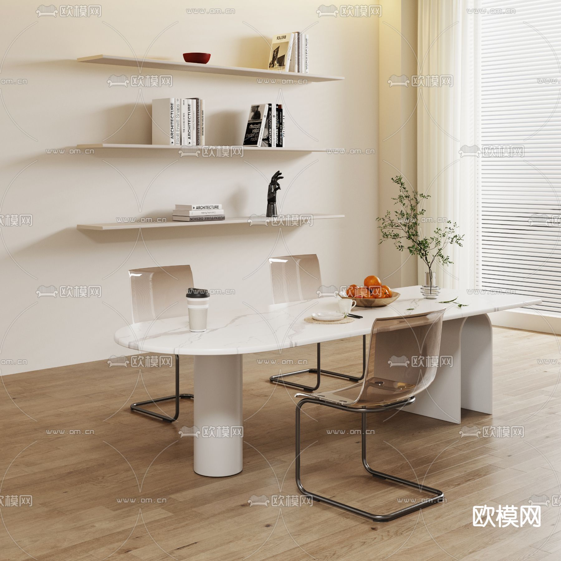 奶油风餐桌椅su模型下载（渲染图1）