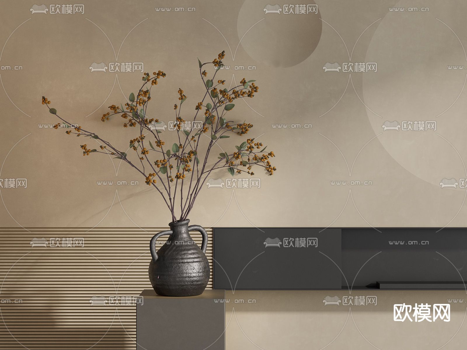 侘寂插花 陶罐花艺3d模型下载