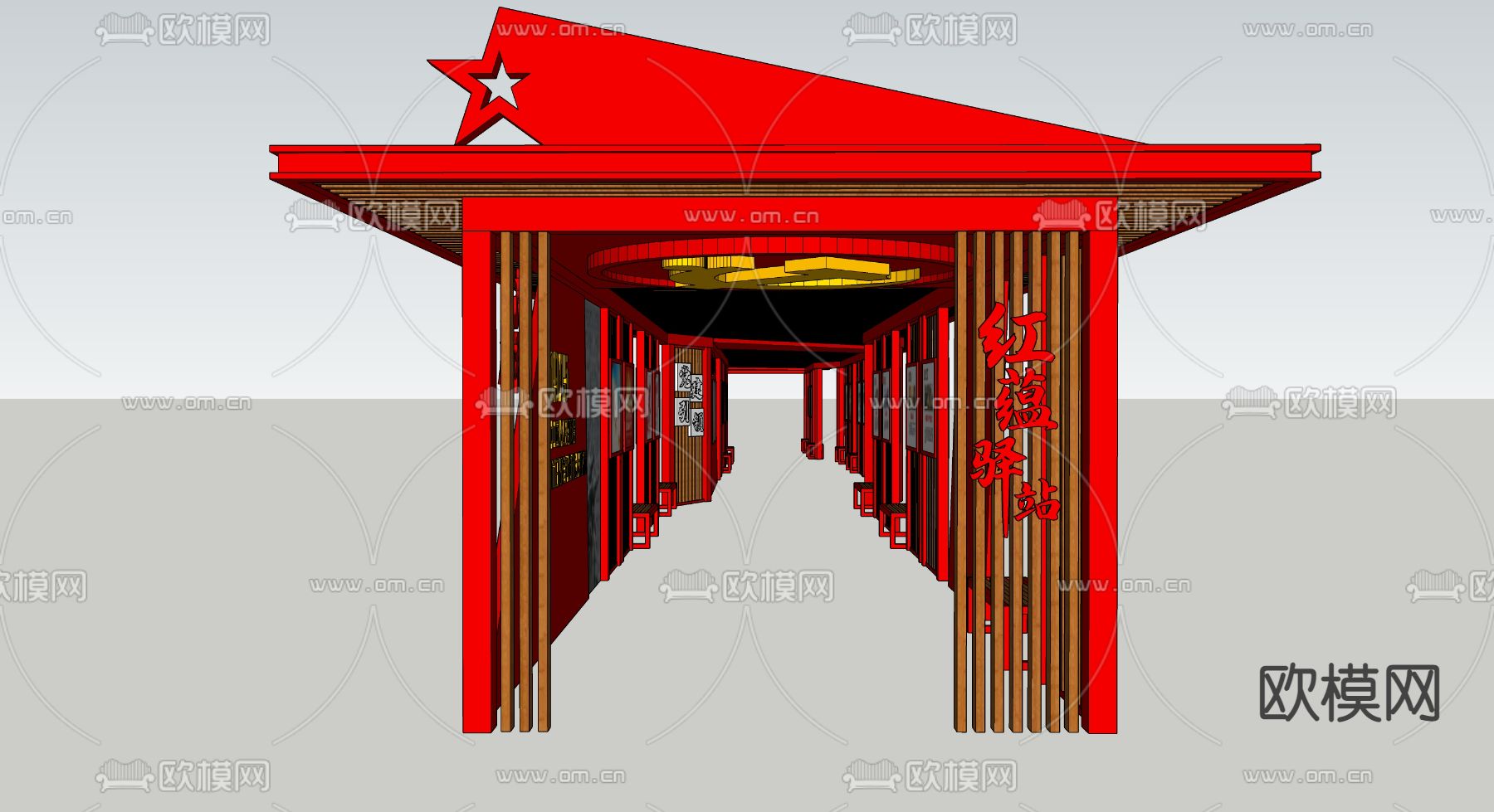 党建长廊 廊亭su模型下载（渲染图1）