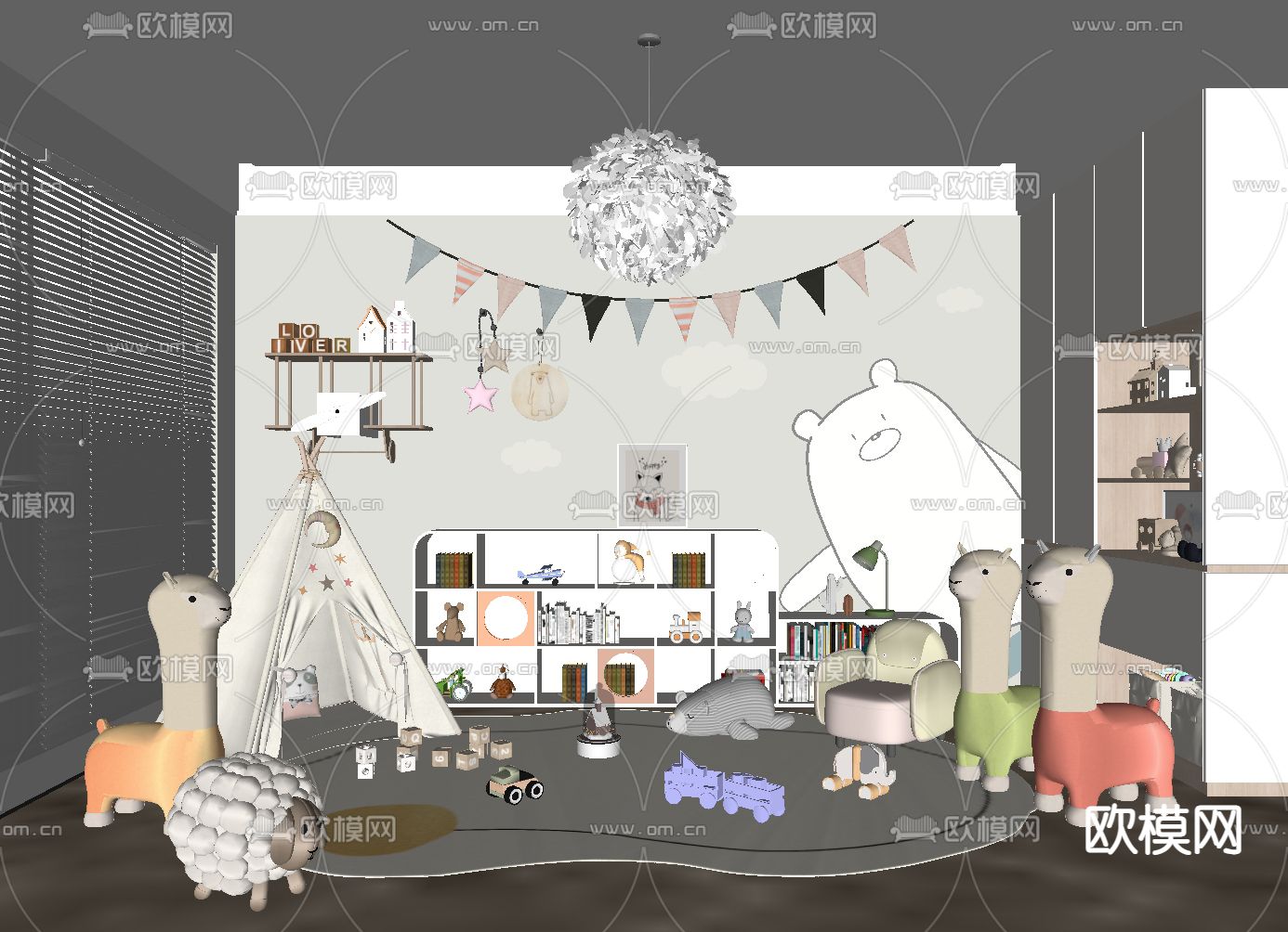 奶油风儿童房 游戏房su模型下载（渲染图2）