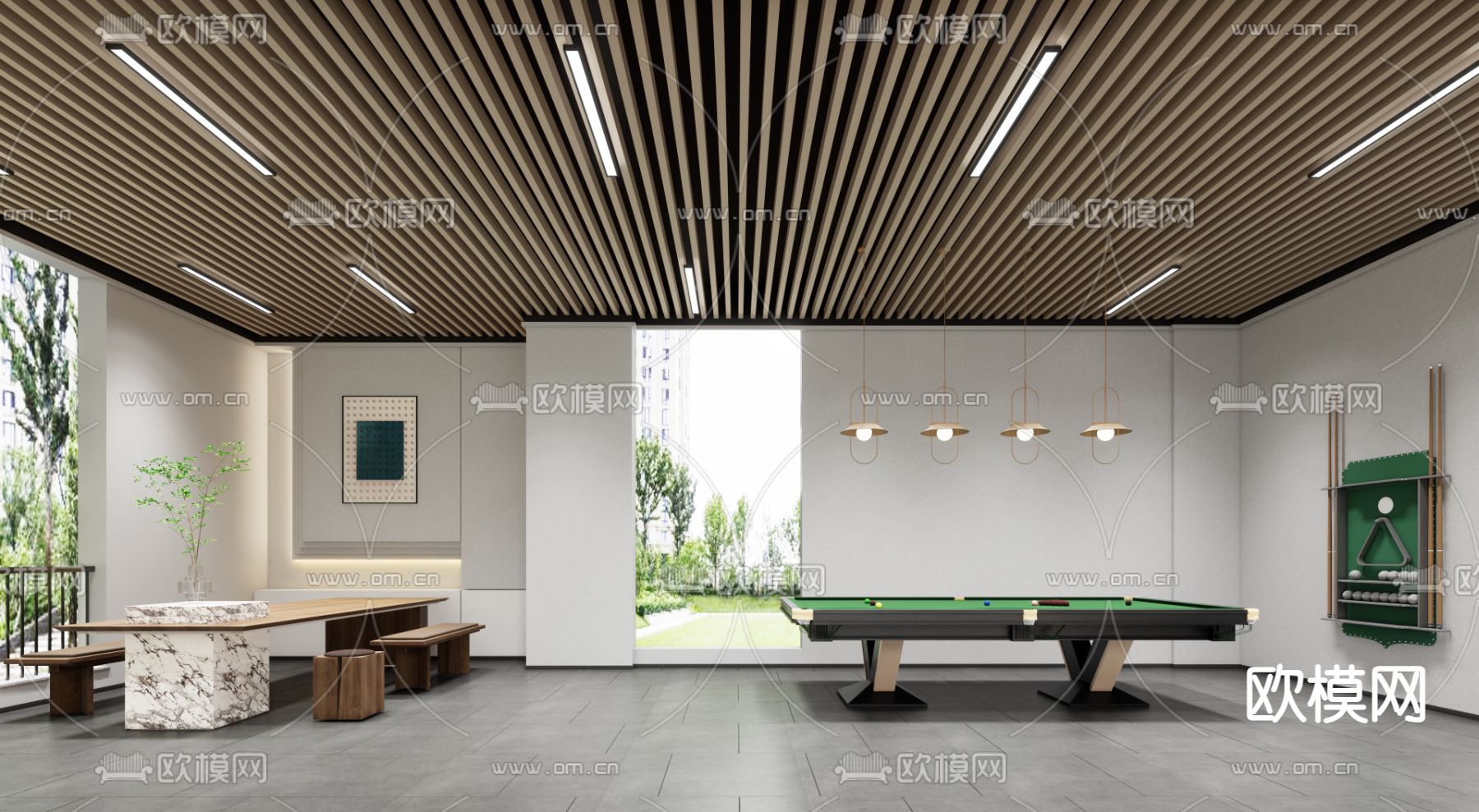 现代台球室 桌球室su模型下载（渲染图1）
