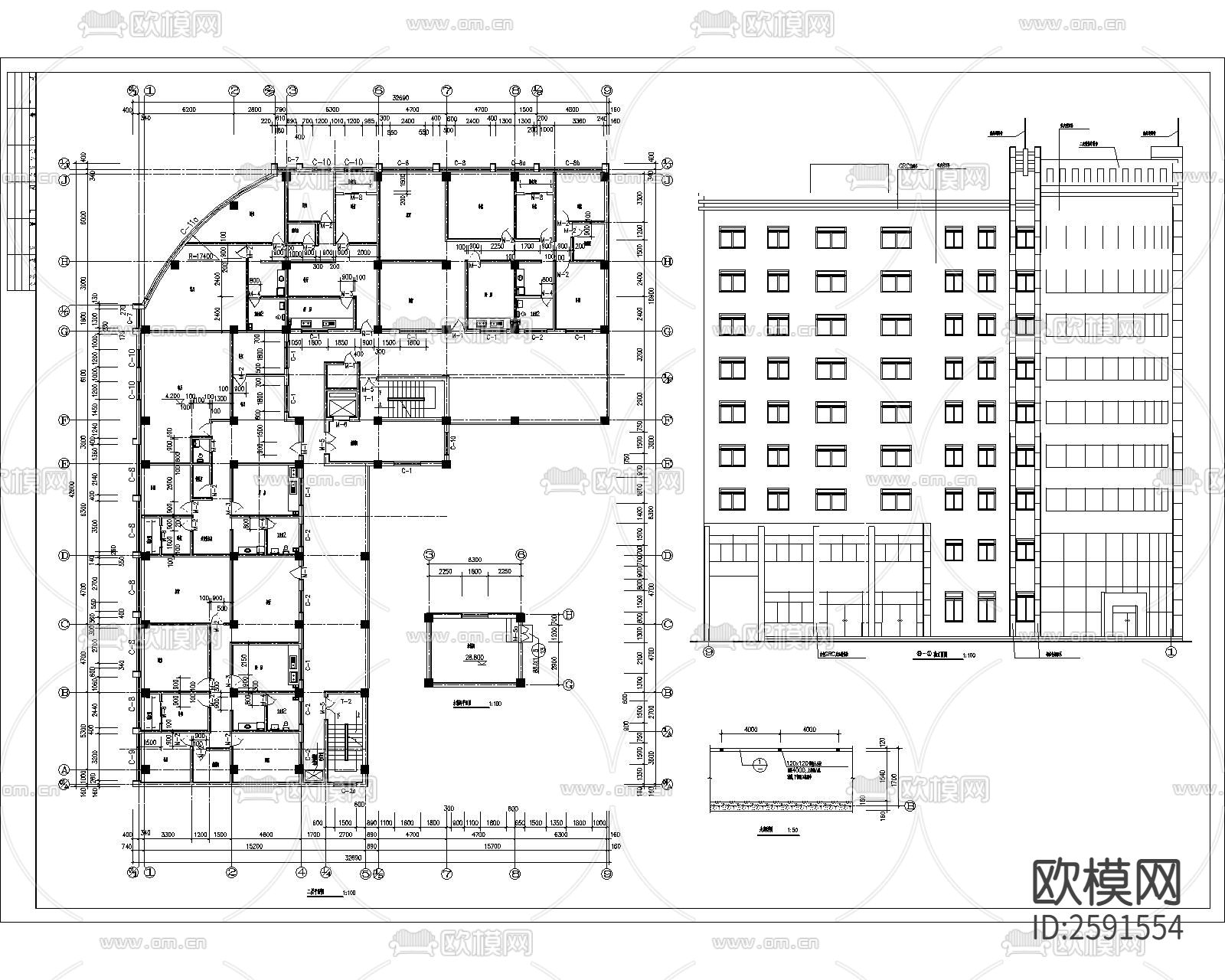 小区住建筑及结构CAD施工图下载（渲染图1）