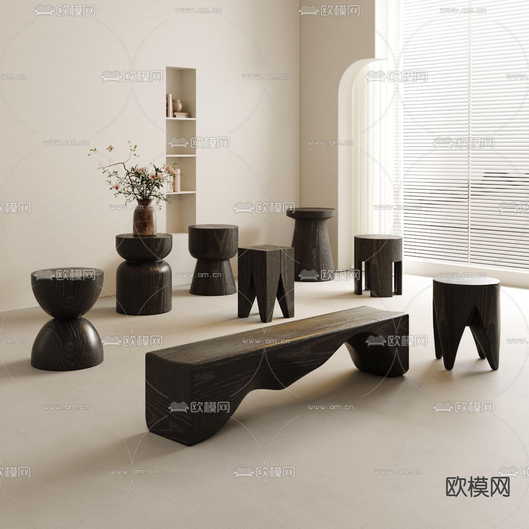 侘寂风长凳 圆凳 凳子su模型下载（渲染图1）