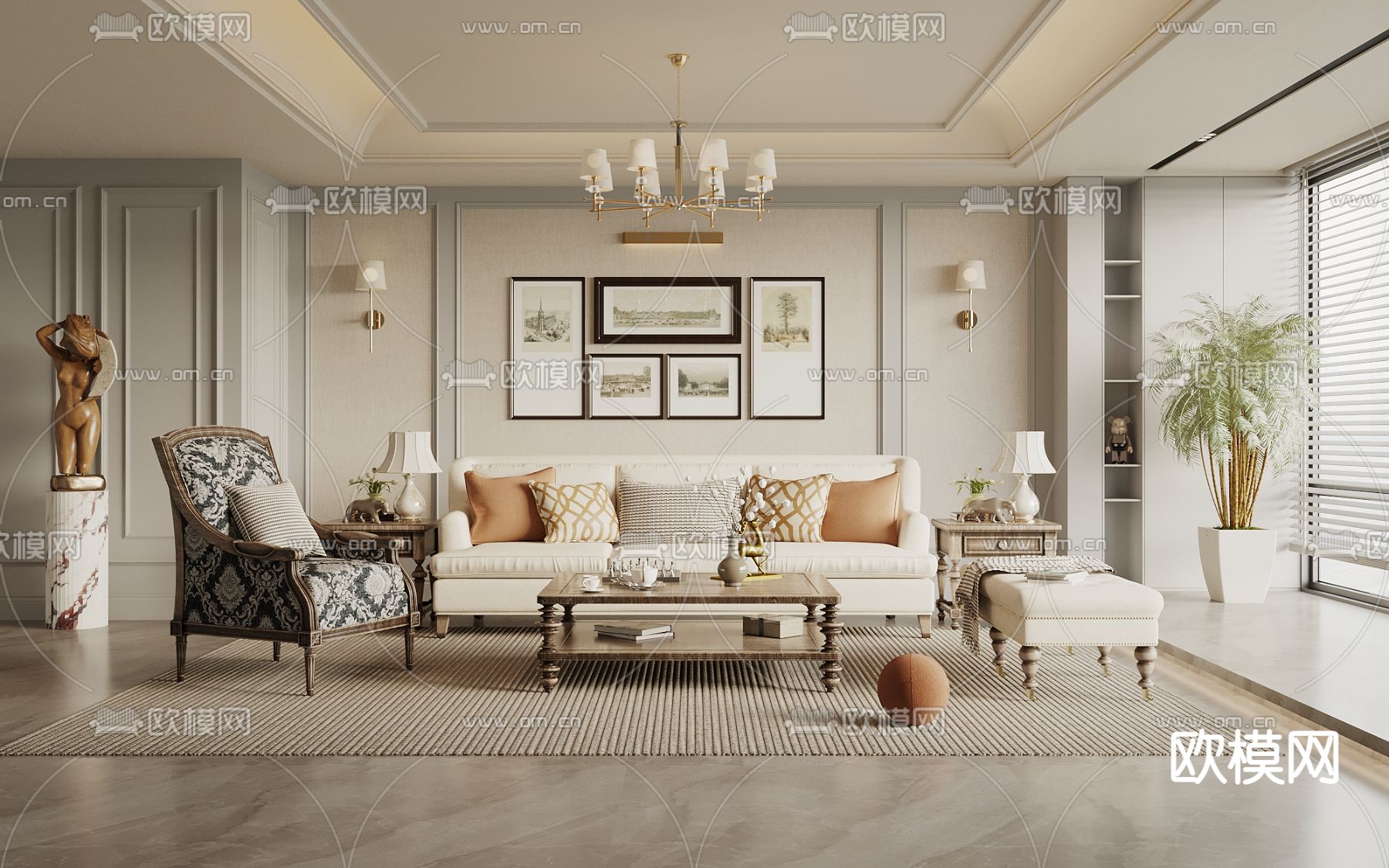 美式客厅su模型下载（渲染图1）