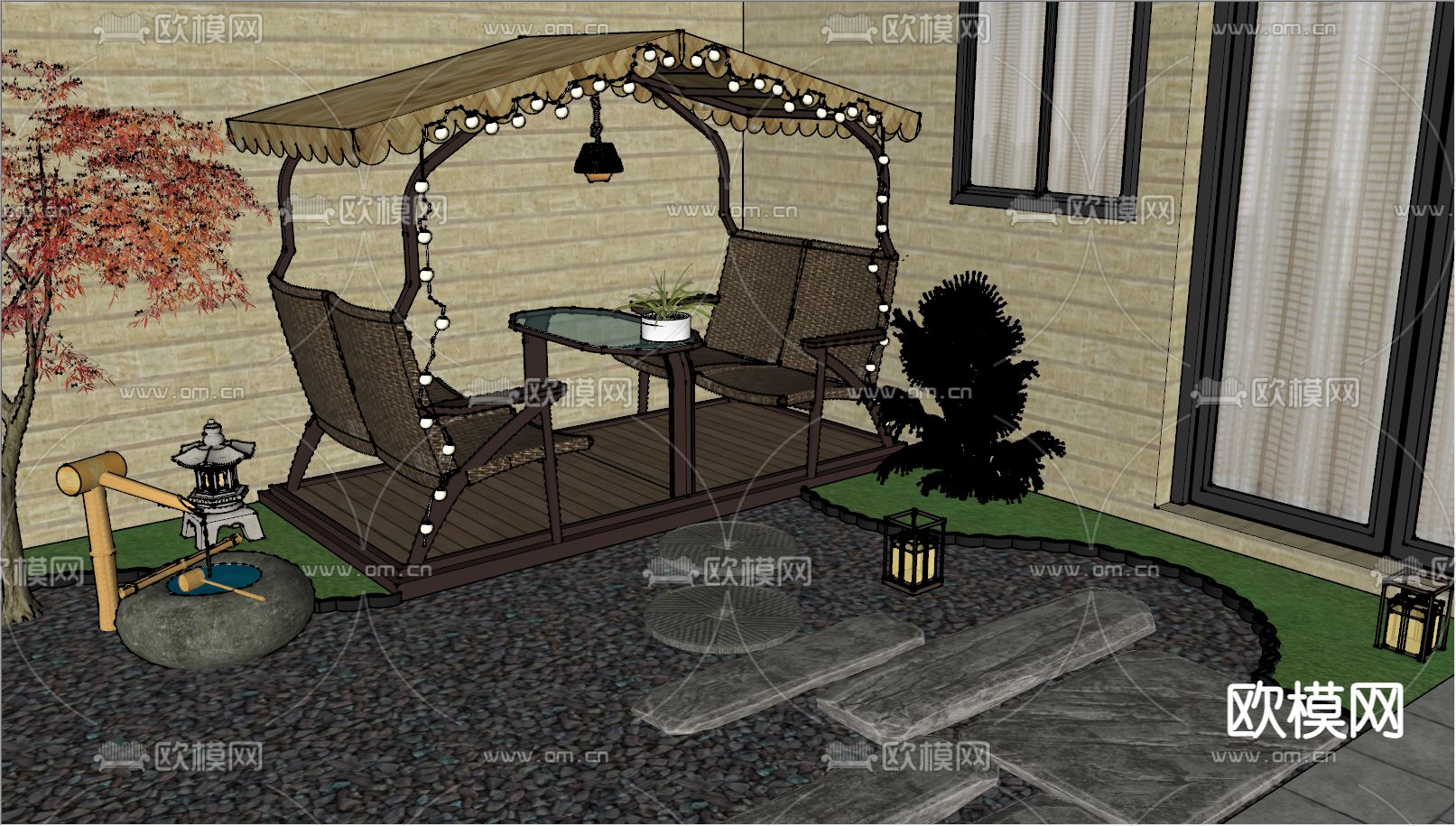 庭院夜景su模型下载（渲染图2）