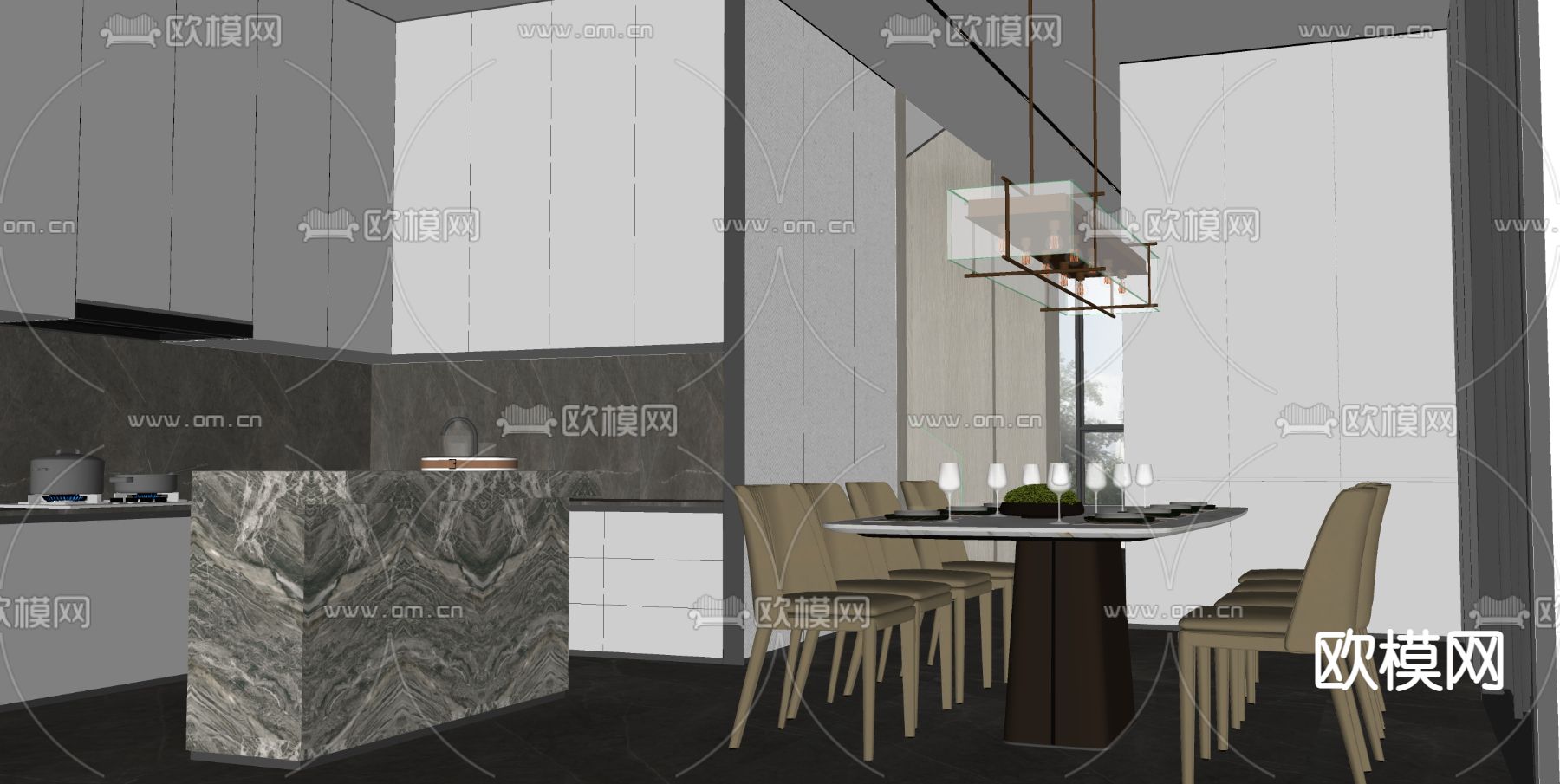 餐厅 Minotti餐桌椅su模型下载（渲染图2）