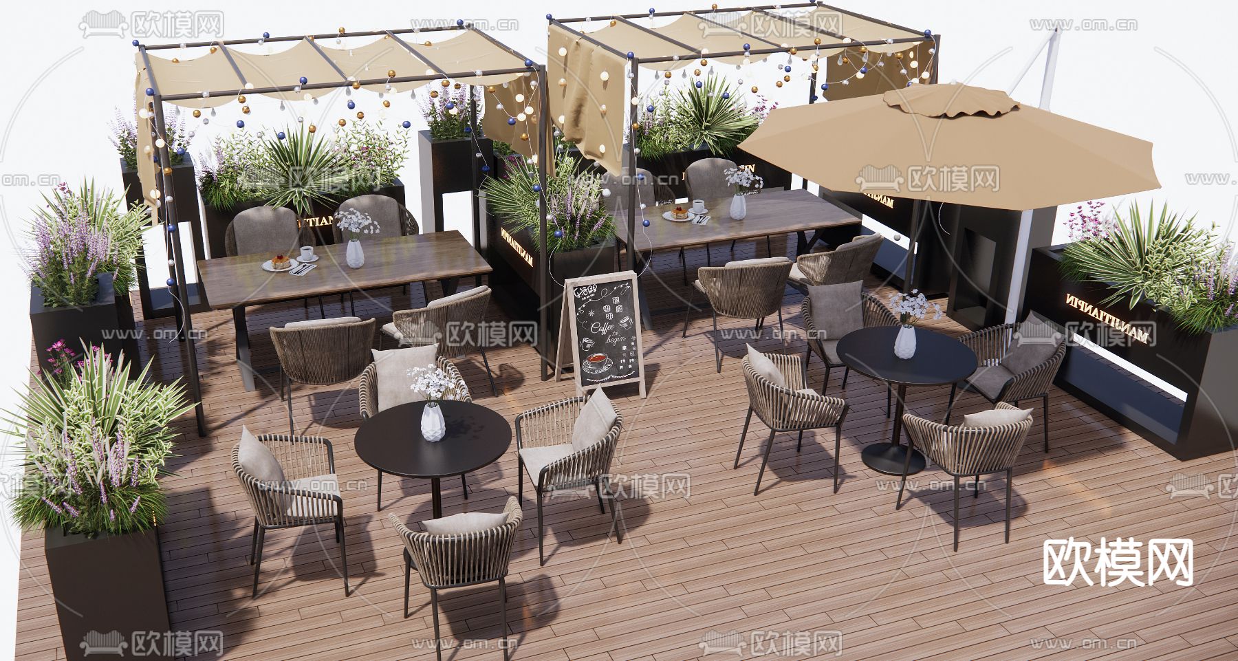 现代户外桌椅 商业外摆su模型下载（渲染图1）